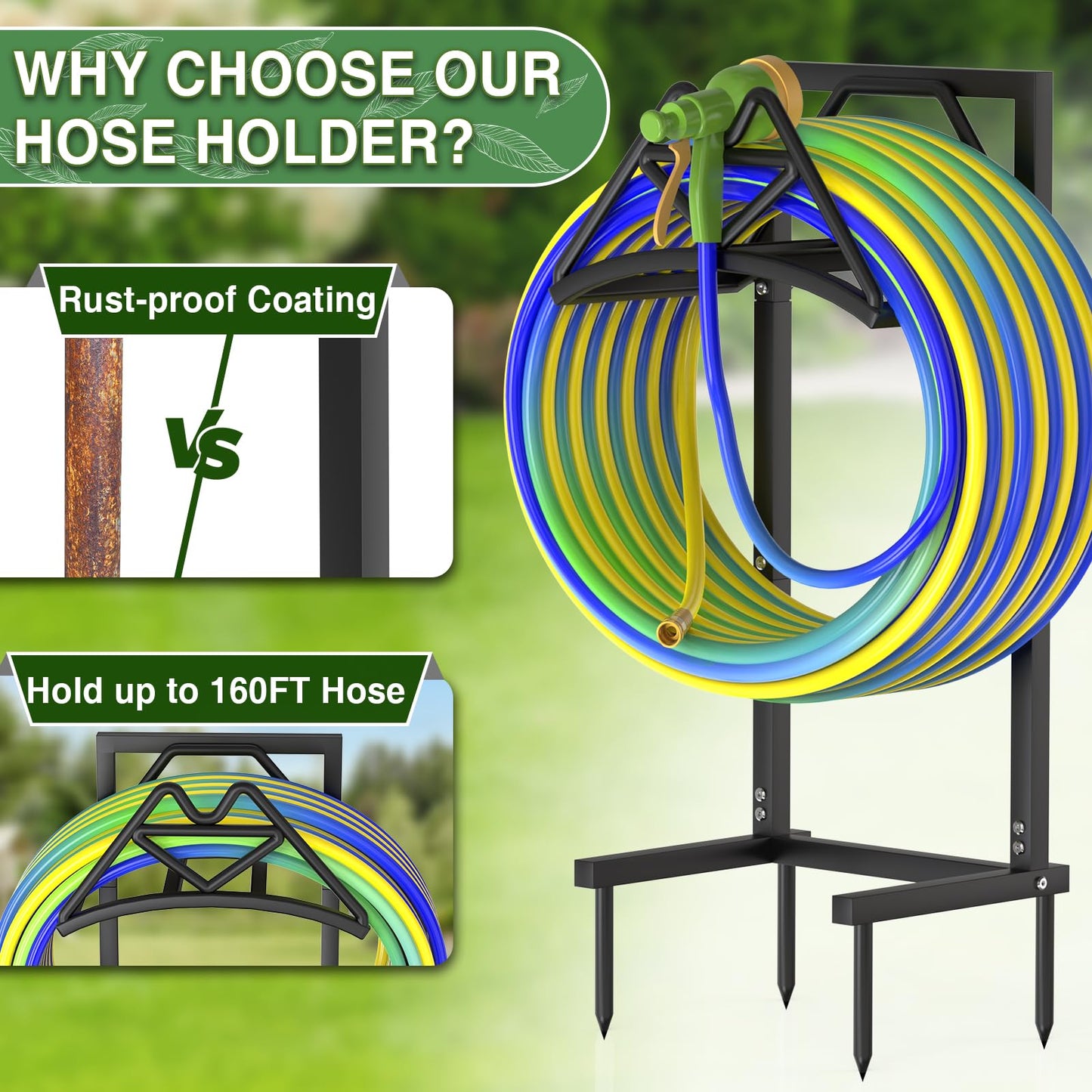 Qatsrin New Garden Hose Holder, Heavy Duty Freestanding Water Hose Holder Stand Holds 160-feet Hose, Detachable Hose Storage Reels Hanger Rack for Outside Yard Lawn Farm