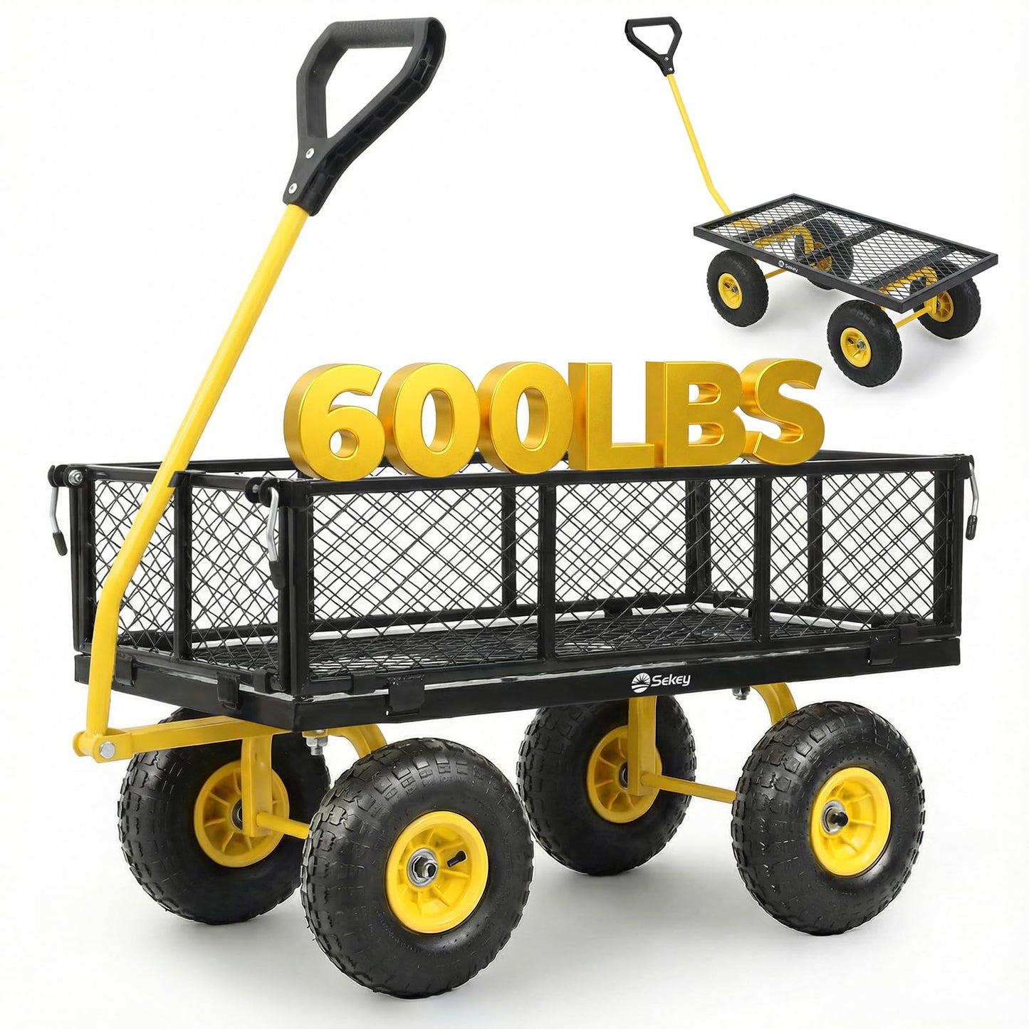 Sekey 600lbs Steel Mesh Garden Cart for Patio & Backyard, Utility Wagon with Removable Sides (Convertible Flatbed), 10" Rubber Tires, Black