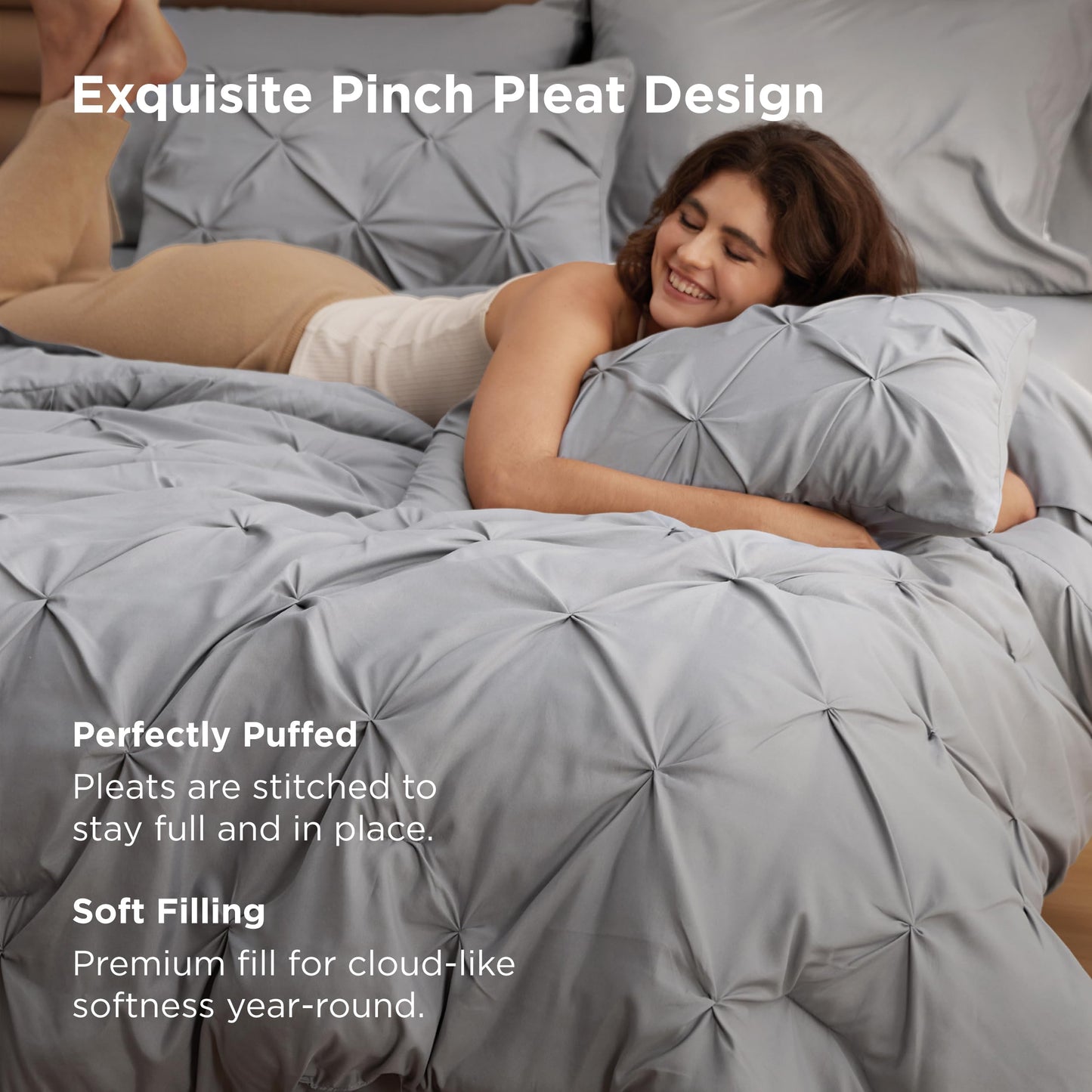 Bedsure Queen Comforter Set Grey - Bed in a Bag Queen Size Bedding 7 Pieces, GentleSoft™ Pintuck Bed Set Gift for Family, Pinch Pleat All Season Comforter with Sheets, Pillowcases & Shams