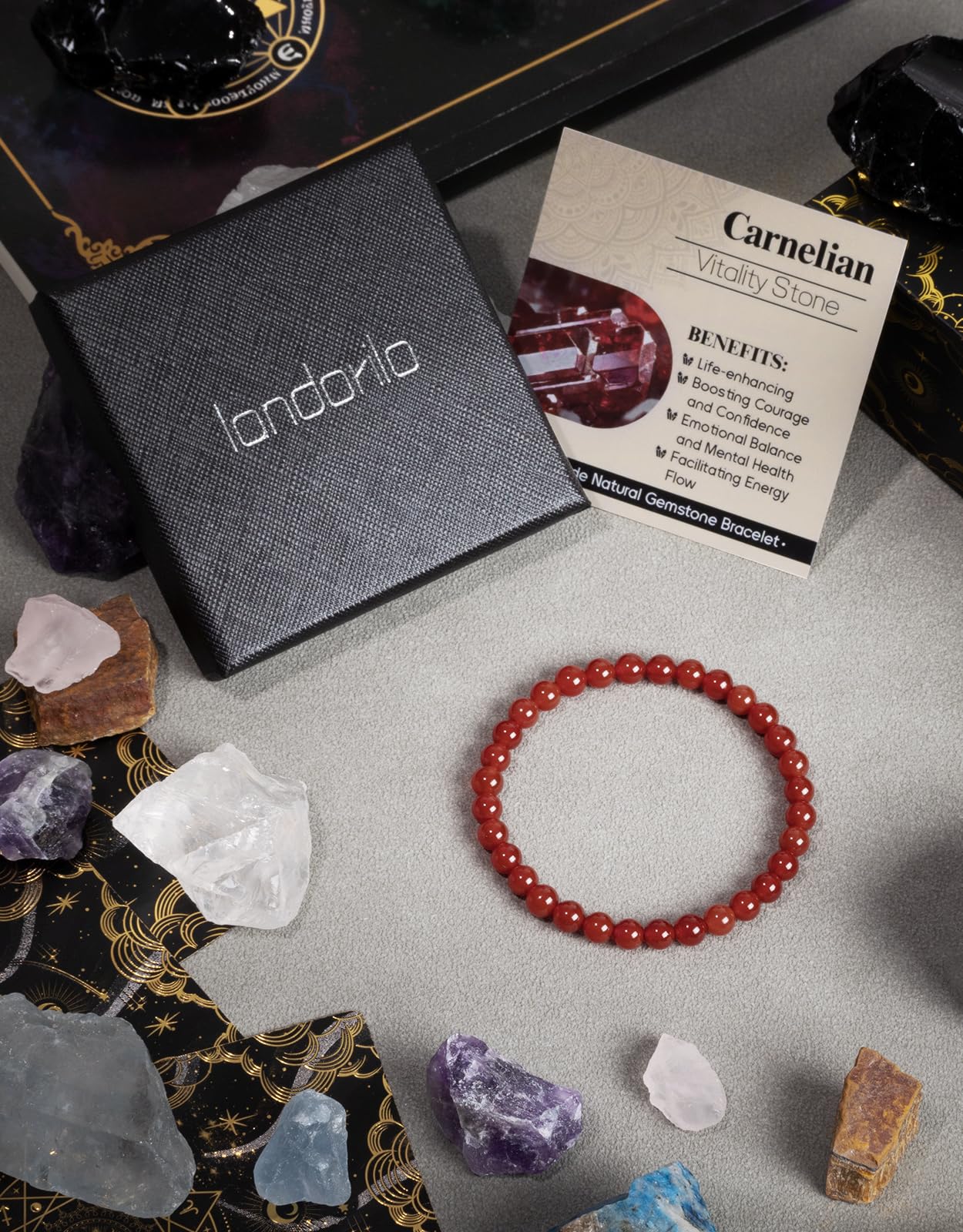Landorilo Beaded Bracelet for Men Women, 6mm Natural Stone Carnelian Healing Crystal Stretch Bracelets, Ideal Christmas Birthday Jewelry Gifts with Energy Card，Replacement Beads Included