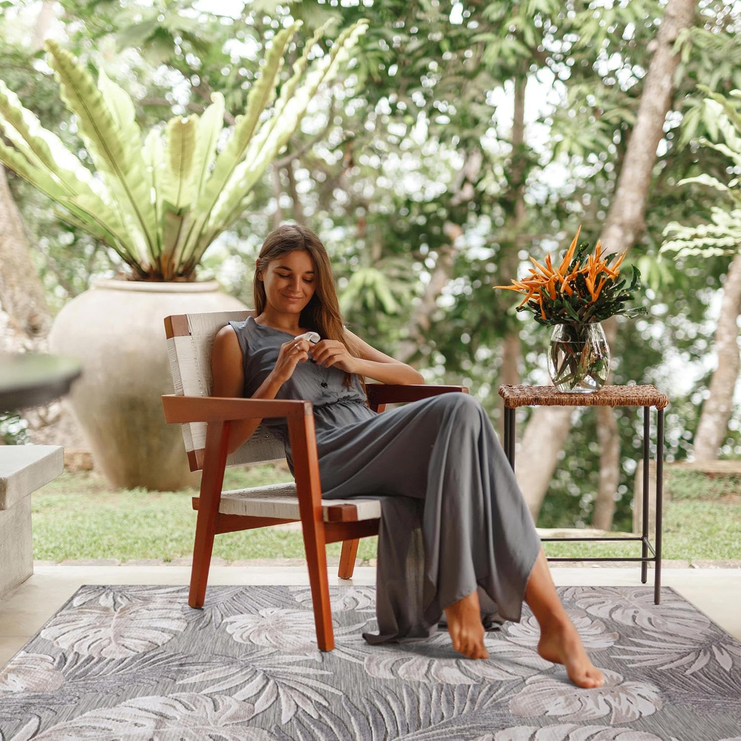 CAMILSON Indoor Outdoor Rug, Beige 6’x9’ Leaf Tropical Botanical Area Rugs for Indoor and Outdoor patios, Easy-Cleaning Non-Shedding Living Room, Garden and Kitchen Washable Outside Carpet (6x9)