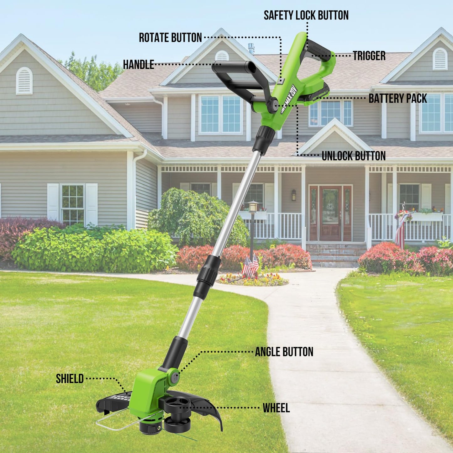 VARSK 12 Inch 20V Cordless Weed Wacker with Automatic Line Feed, 2 in 1 String Trimmer and Edger, Includes 2 X 2.0Ah Batteries/1 X Charger/6 X Replacement Spools, Weed Eater for Lawn, Garden, etc