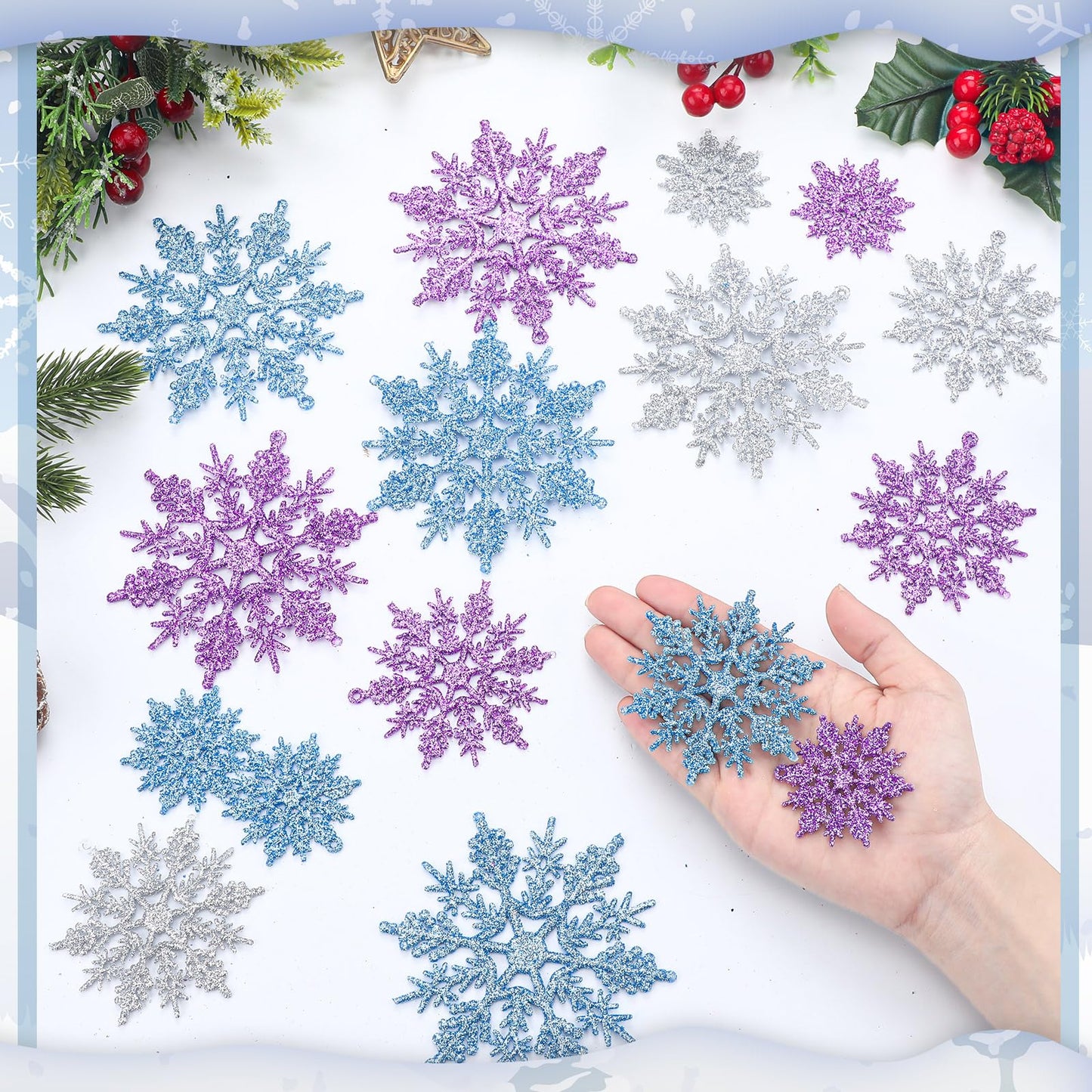 Sumind 48 Pieces Winter Snowflake Ornaments 3 Sized 2, 3, 4 Inches Plastic Glittered Snowflakes Hanging Tree Decoration Winter Window Ornament Birthday Party Supply(Silver, Blue, Purple)