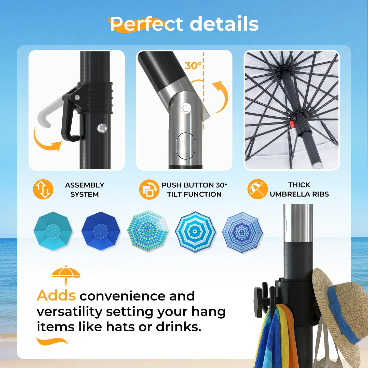 HOMEDEMO 8FT Large Beach Umbrella with Weight Bag & Sand Anchor, Outdoor Umbrellas with Adjustable Aluminum Pole and Built-in Table, Heavy Duty Windproof & UPF 50+ Design, Parasol, Blue Green White