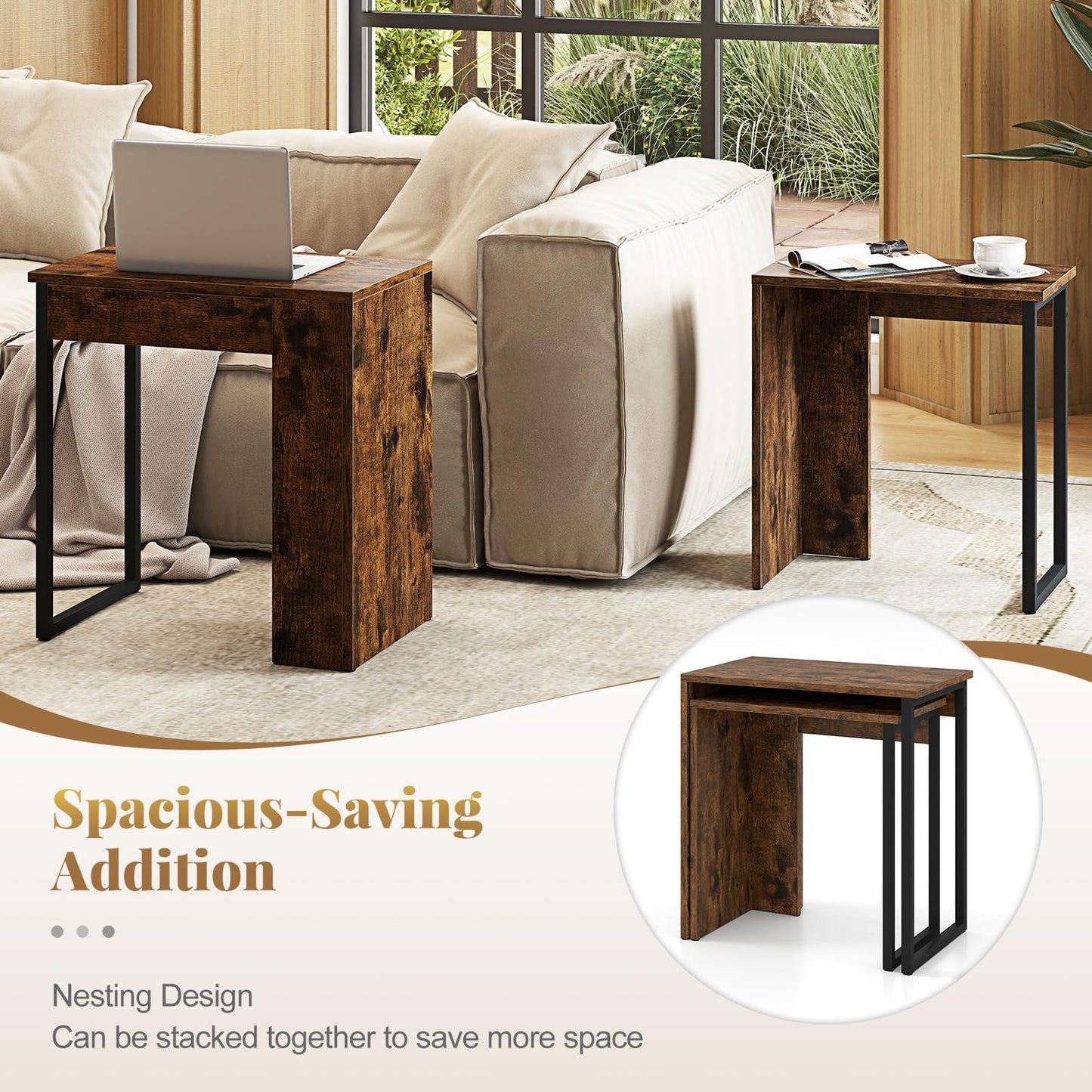 Giantex Nesting Coffee Table Set of 2, Rectangular Stackable Side Tables with Sturdy Metal Frames, Modern Nesting End Tables for Living Room, Bedroom, Rustic Brown