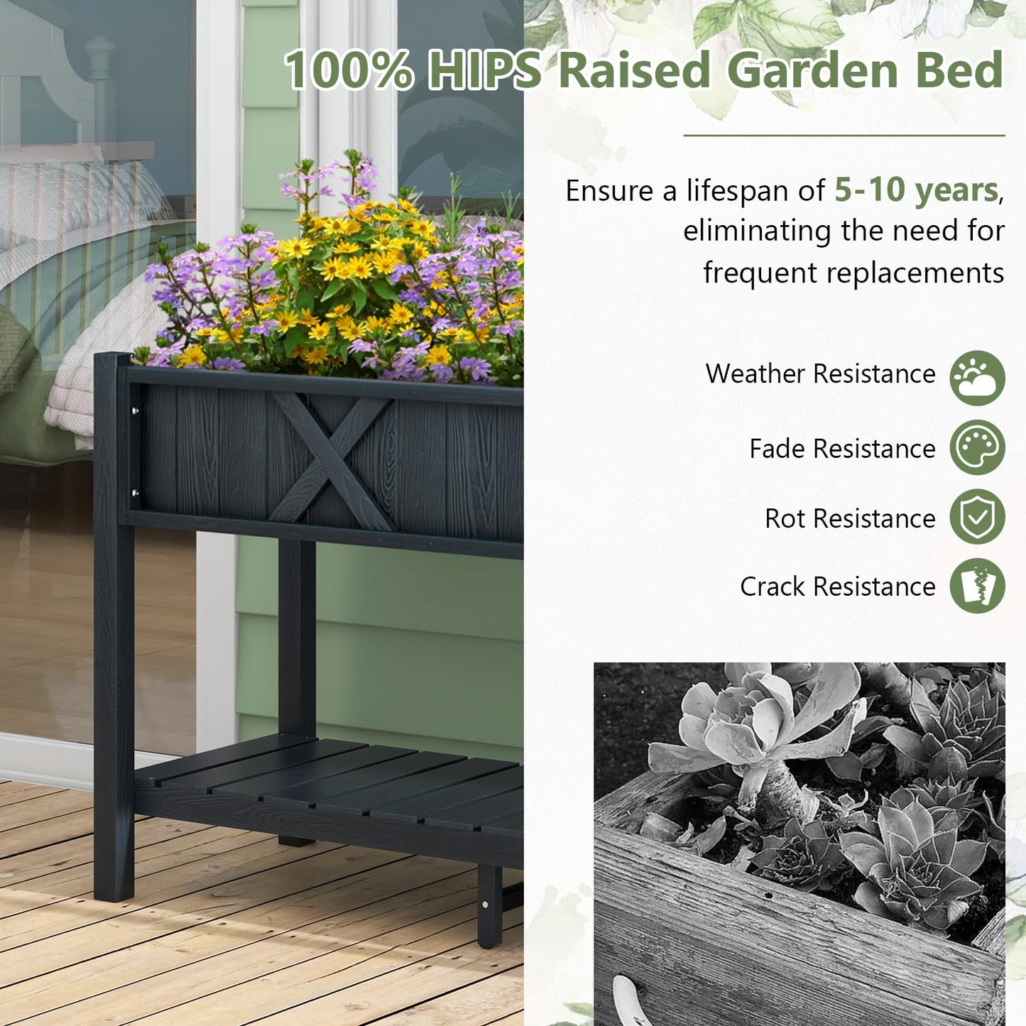 Giantex HIPS Raised Garden Bed, Elevated Planter Box w/Legs, Storage Shelf, Drainage Holes, Weather-Proof Standing Raised Beds for Backyard Balcony Flower Herb (Black, 44" x 18" x 29")