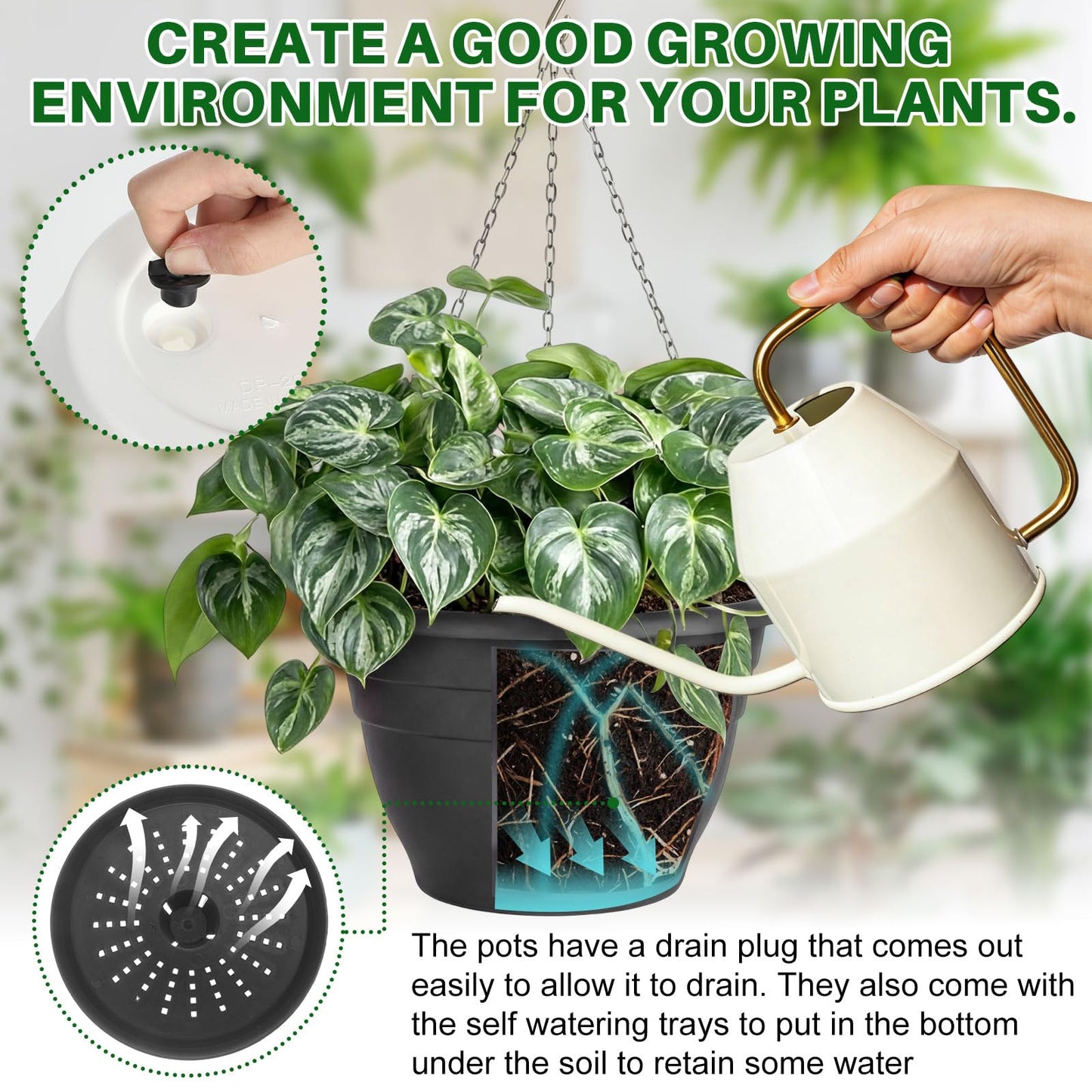 Romooa 40 Pcs 10 Inch Plastic Self Watering Hanging Planters Bulk Hanging Baskets for Plants Indoor Outdoor with Drainage Holes and Chain Plant Pot for Garden, Balcony, Porch, Patio Decor