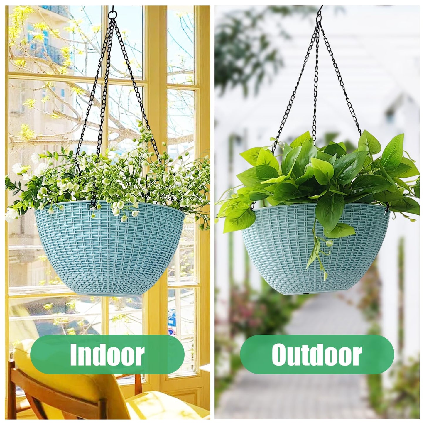RooTrimmer Hanging Planters for Outdoor Plants 8/10 Inch, 4 Packs Hanging Flower Pot Indoor with Drainage Holes, Self-Watering Hanging Basket Perfect for Home, Office and Garden (Sky Blue)