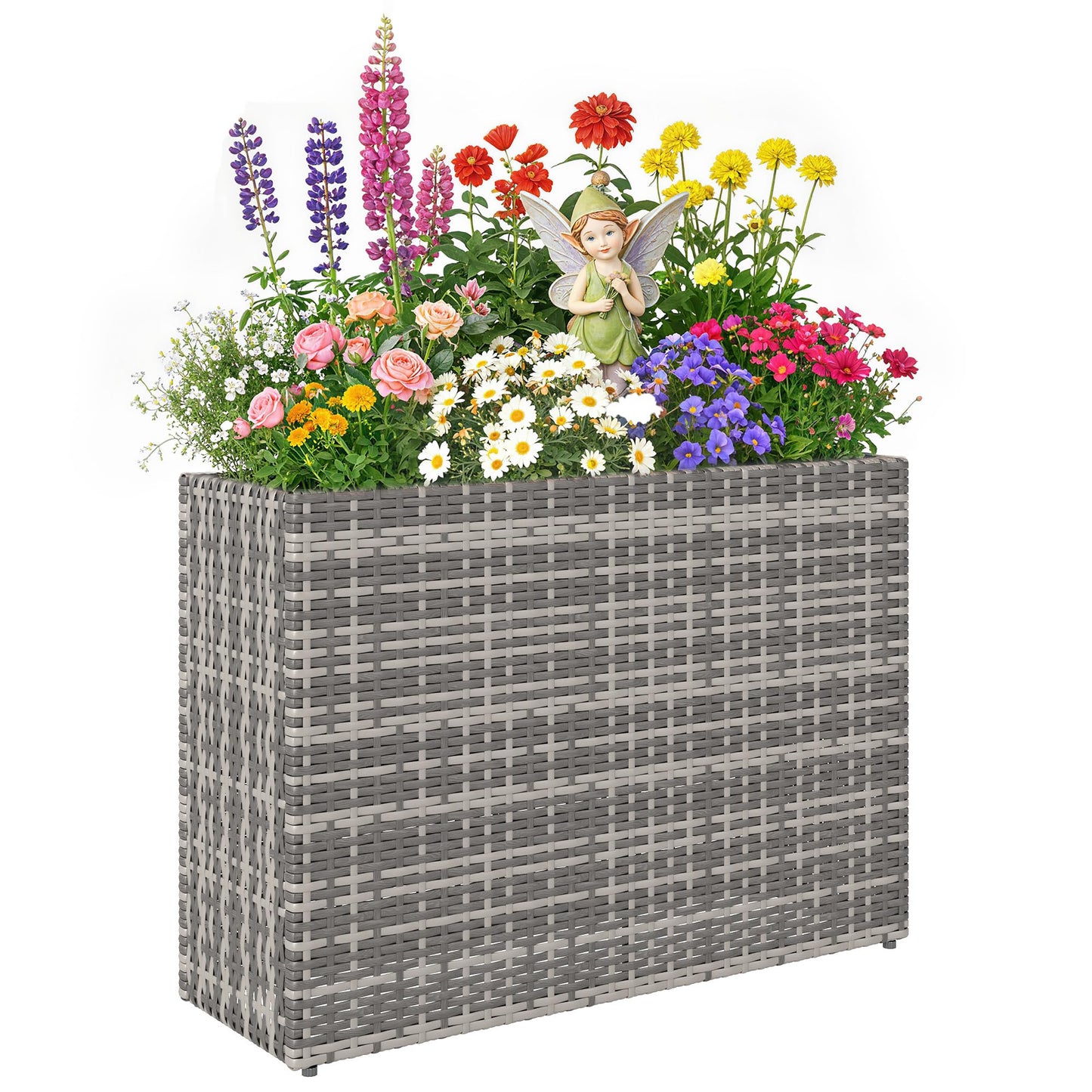 Outsunny Tall Rectangular Planter with Removable Liner, PE Wicker Large Planters for Outdoor Plants, Freestanding Indoor Outdoor Planter Box with Drainage Holes for Flowers, Vegetables, Gray