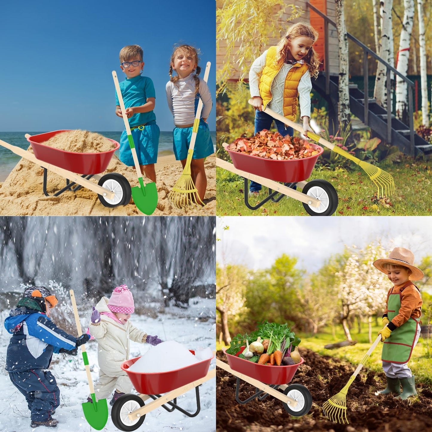 Qtioucp Kids Gardening Wheelbarrow Set, Metal & Wooden Garden Tools for Kids Ages 3-8, Real Wheelbarrows with Apron, Gloves & STEM Guide, Outdoor Backyard Garden Toy Gift (Wheelbarrow Garden Set)