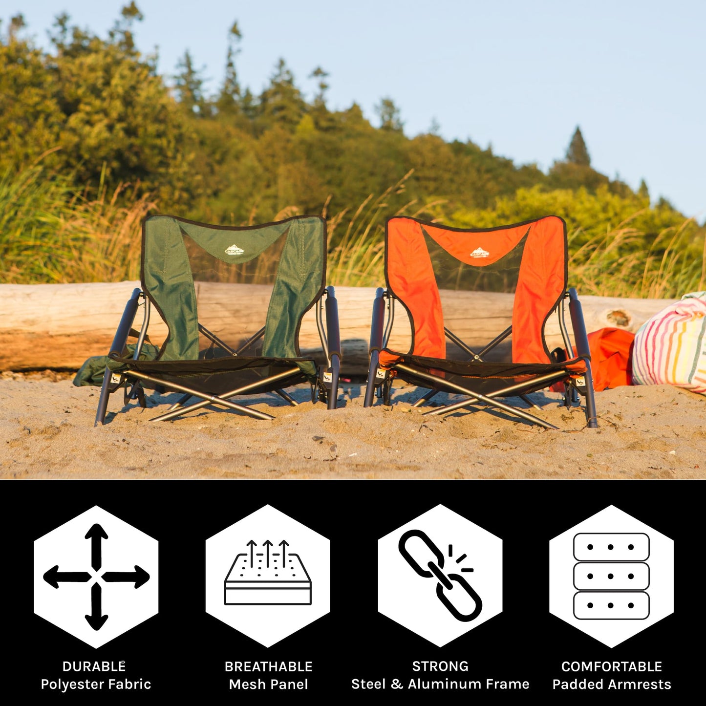Cascade Mountain Tech Camping Chair - Low Profile Polyester Folding Chair for Camping, Beach, Picnic, Barbeques, Sporting Event with Carry Bag and Cushion Availability, Orange