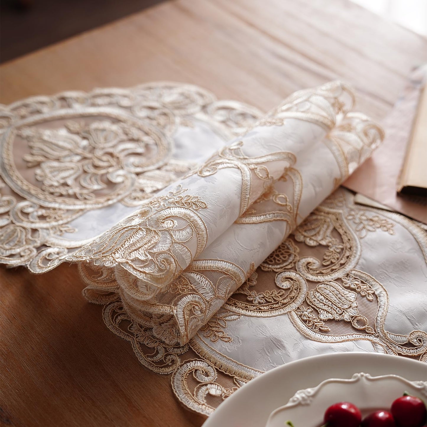Artbloss Elegant Embroidered Lace Table Runner with Ornate Gold Floral Design Sheer Decorative Runner for Dining Table Wedding Reception Holiday Decor (Champagne Gold, 12“ x 124")