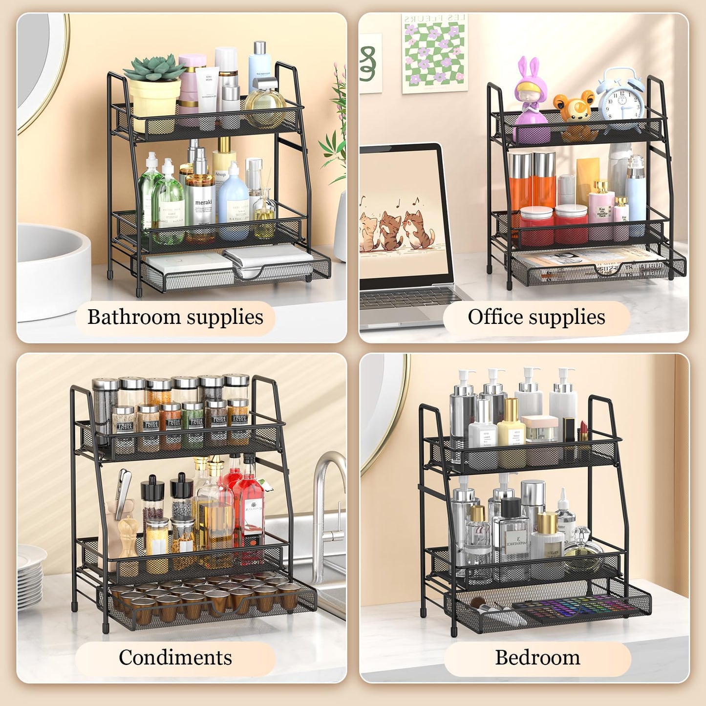 2-Tier Bathroom Counter Organizer with Drawer, Bathroom and Makeup Organizer Countertop, Easy to Install, Ideal for Bathroom organizer, Vanity, Large Skincare, Perfume, Present, and More,Black