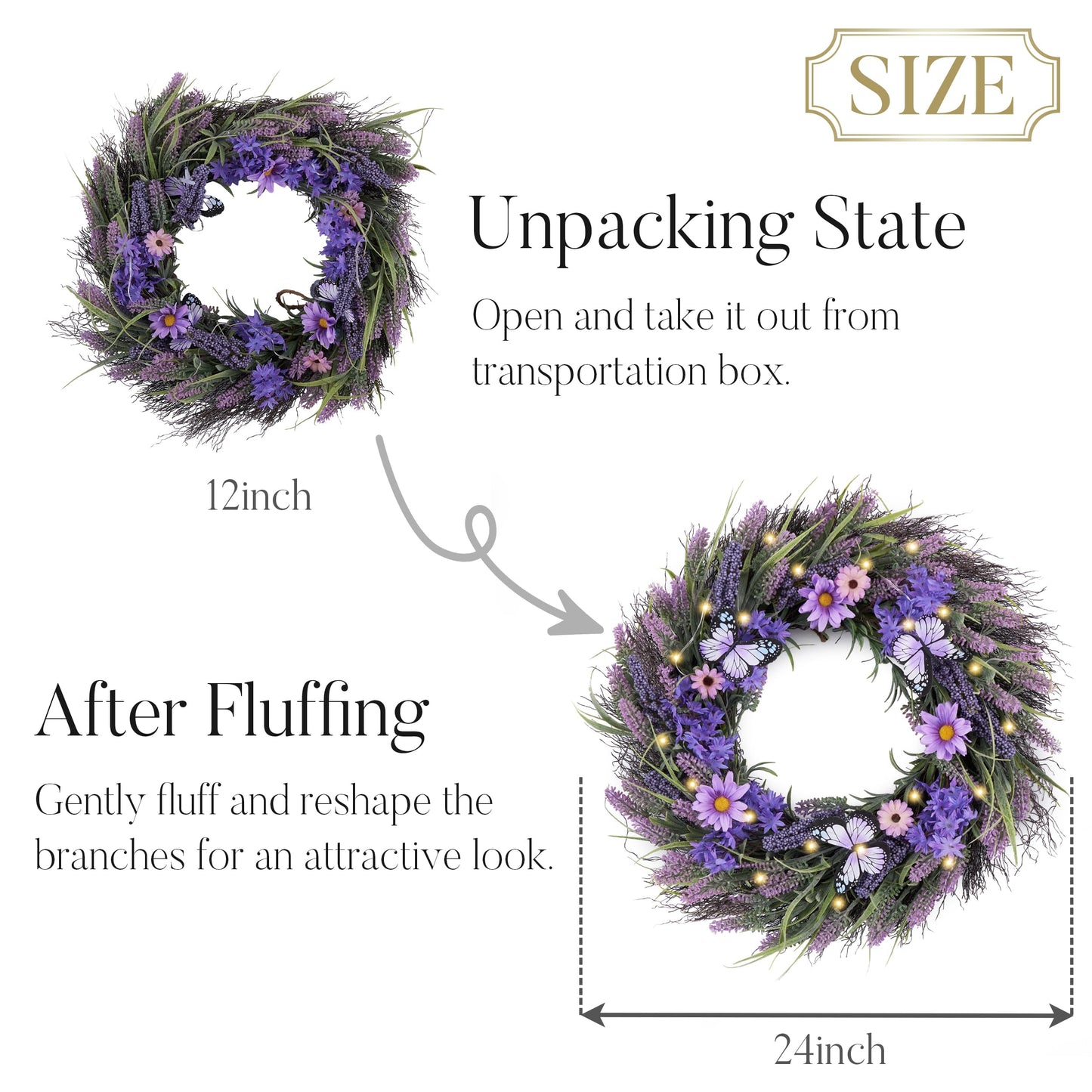 Valery Madelyn Spring Lavender Wreaths for Front Door, Artificial Floral Summer Wreath with Lights Purple Bellflower Berries Butterfly for Home Outside Wedding Porch Window Arch Decor-24''