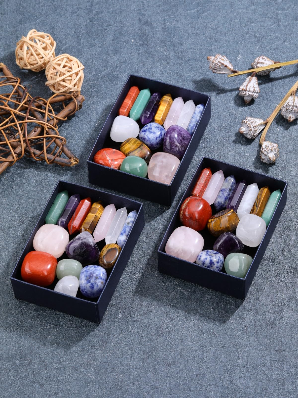 MANIFO Healing Crystals Stones Set in Box, Double Pointed Crystal Wand with 7 Chakra Tumble Stone for Chakra Meditation Christmas Gifts