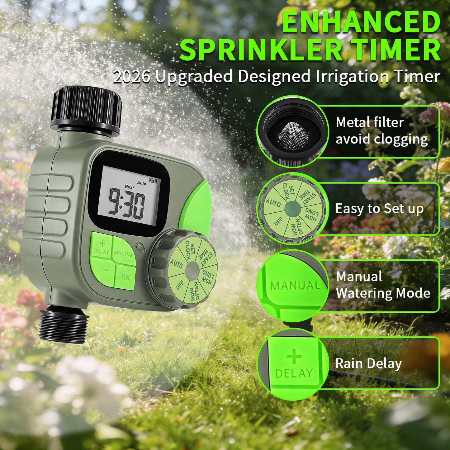 Sprinkler Timer for Garden Hose - Irrigation Timer for Outdoor Faucet, Automatic Programmable Watering Irrigation with Rain Delay/Manual Mode, Watering System Drip Irrigation for Yard Lawn Pool