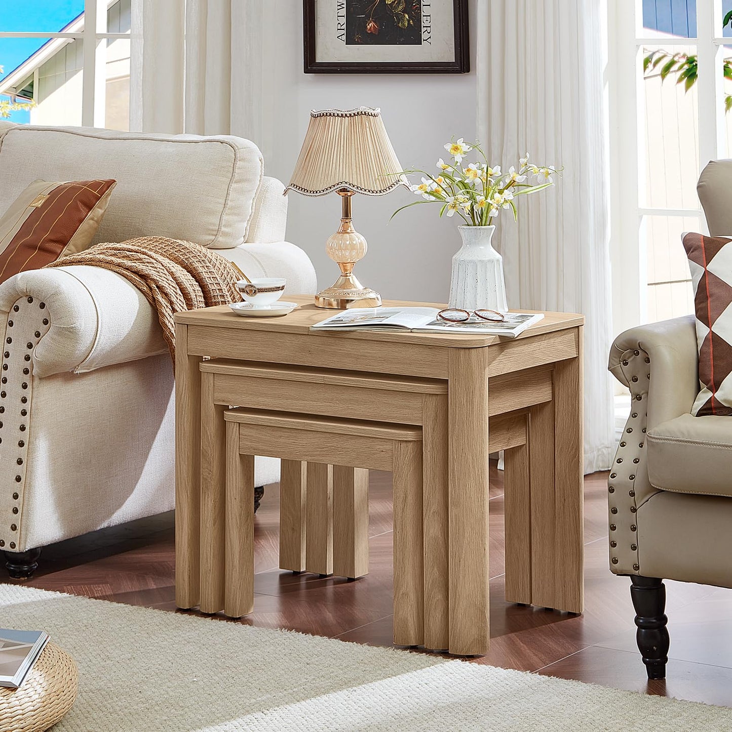 Joaxswe Farmhouse Nesting Tables Set of 3, Living Room Table Set with Rounded Corners & 4 Thickened Table Legs, Natural Wood