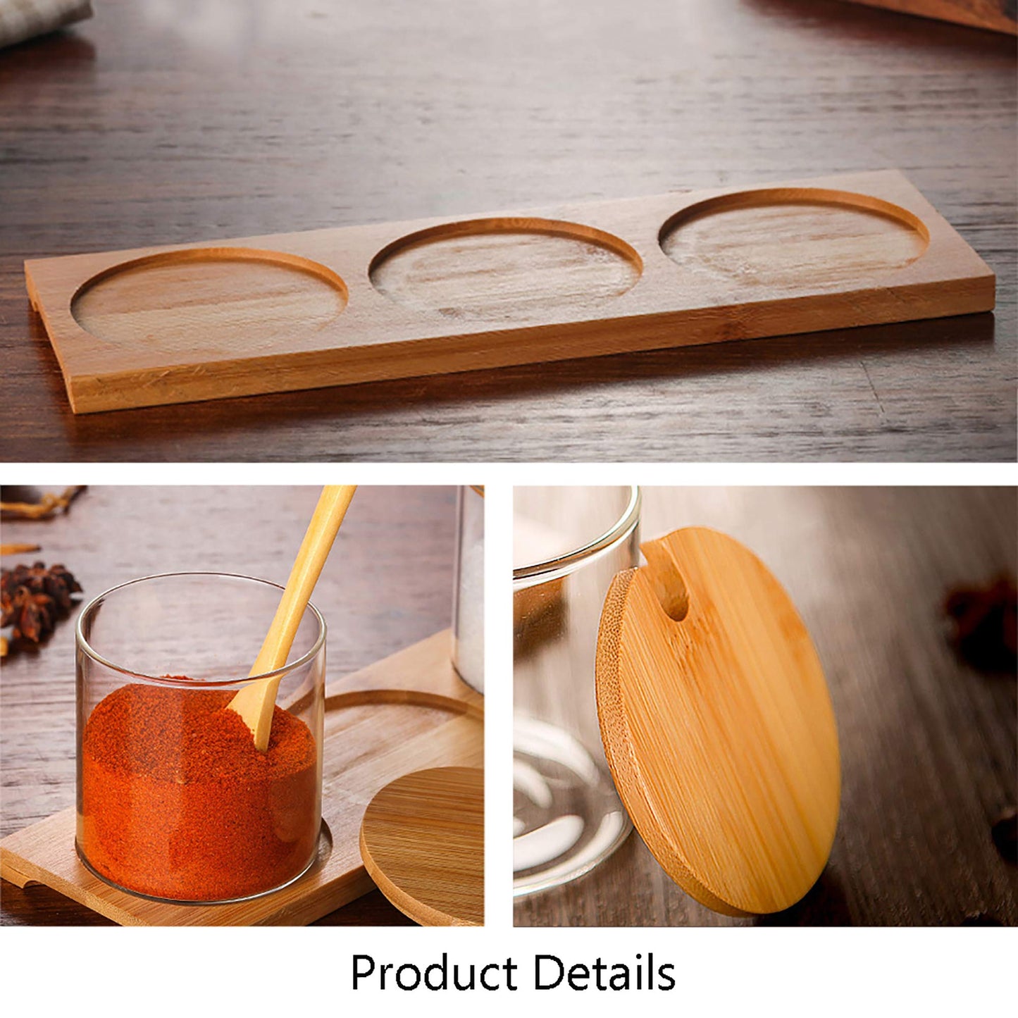 FANTESTICRYAN 3 PCS Stylish Simple Condiment Canisters Pots Set, Decorative Storage Seasoning Glass Container Box with Bamboo Spoon Lid and Base for Home Kitchen café Storing Salt Sugar Pepper Spice