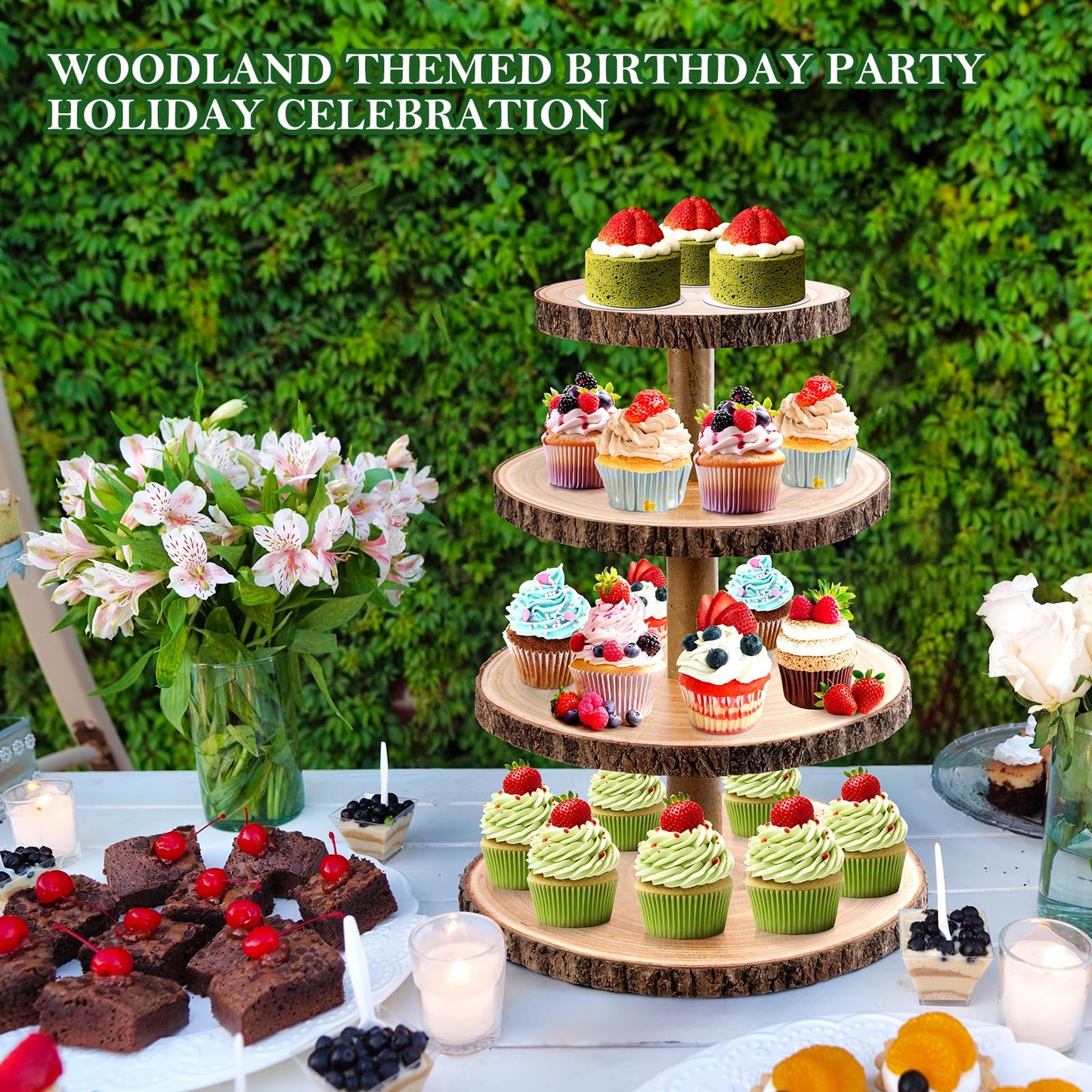 GrnVibe Cupcake Stand Wood Dessert Stands 4 Tier Cupcake Tower Large Cupcake Display Stand Rustic Cupcake Tier Stand for Woodland Baby Shower Decorations/Wedding/Birthday/Party/Farmhouse Decor