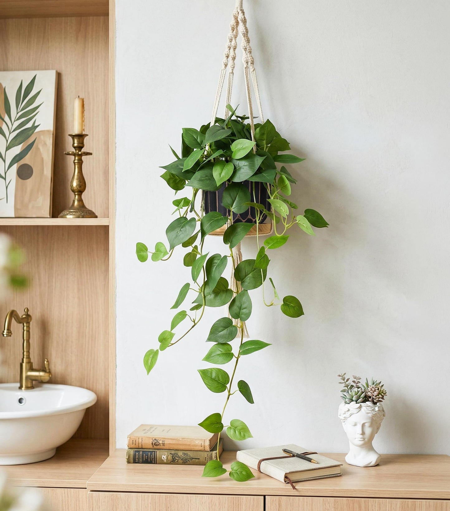 FancyPlus Fake Plants 2 Pcs Faux Pothos Plants Potted Indoor Artificial Hanging Plants Realistic Fake Greenery Table Desk Bathroom Office Bedroom Living Room Shelf Modern Farmhouse Decor Indoor