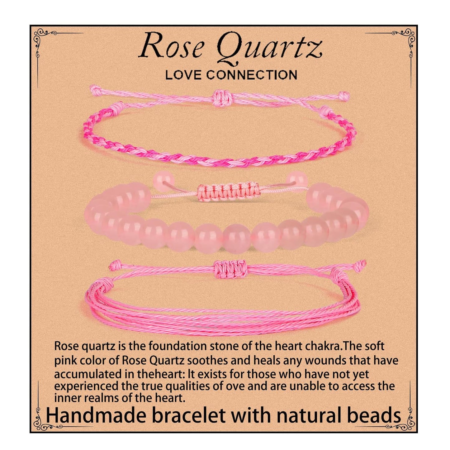 QOGIR Handmade Healing Bracelets,8mm Natural Rose Quartz Gem Stone Beads Bracelet,for Men Women Gifts with 2PCS Size Adjustable Rope Bracelets