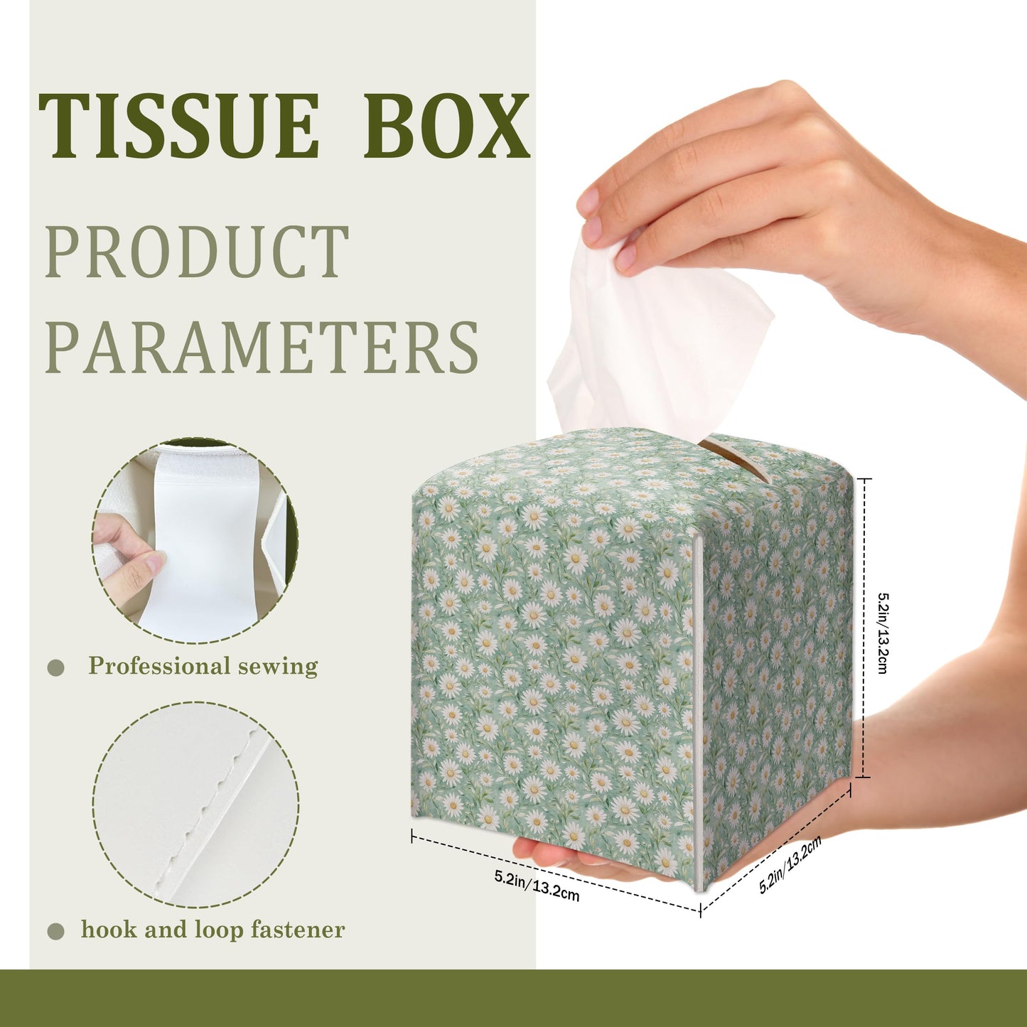 Daisy Sage Floral Decorative Leather Tissue Box Cover - Tissue Box Holder Gifts for Women Family and Friends Funny Unique Home Decor Decorative for Kids Room Kitchen Bathroom Office - A08