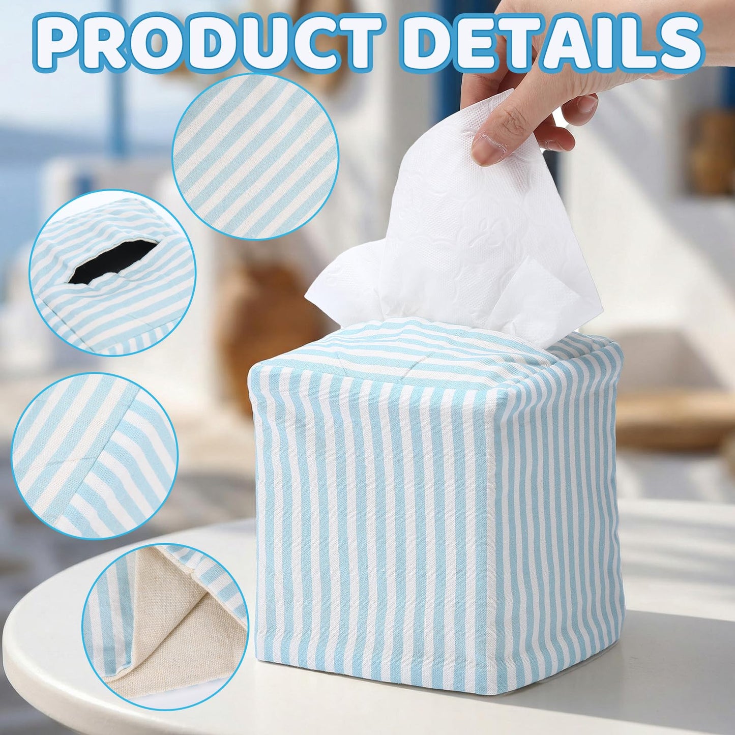 Potchen Coastal Tissue Box Cover Light Blue and White Stripe Tissue Box Cover Decorative Cotton Square Napkin Holder for Home Bedroom Living Room Bathroom Office Kitchen