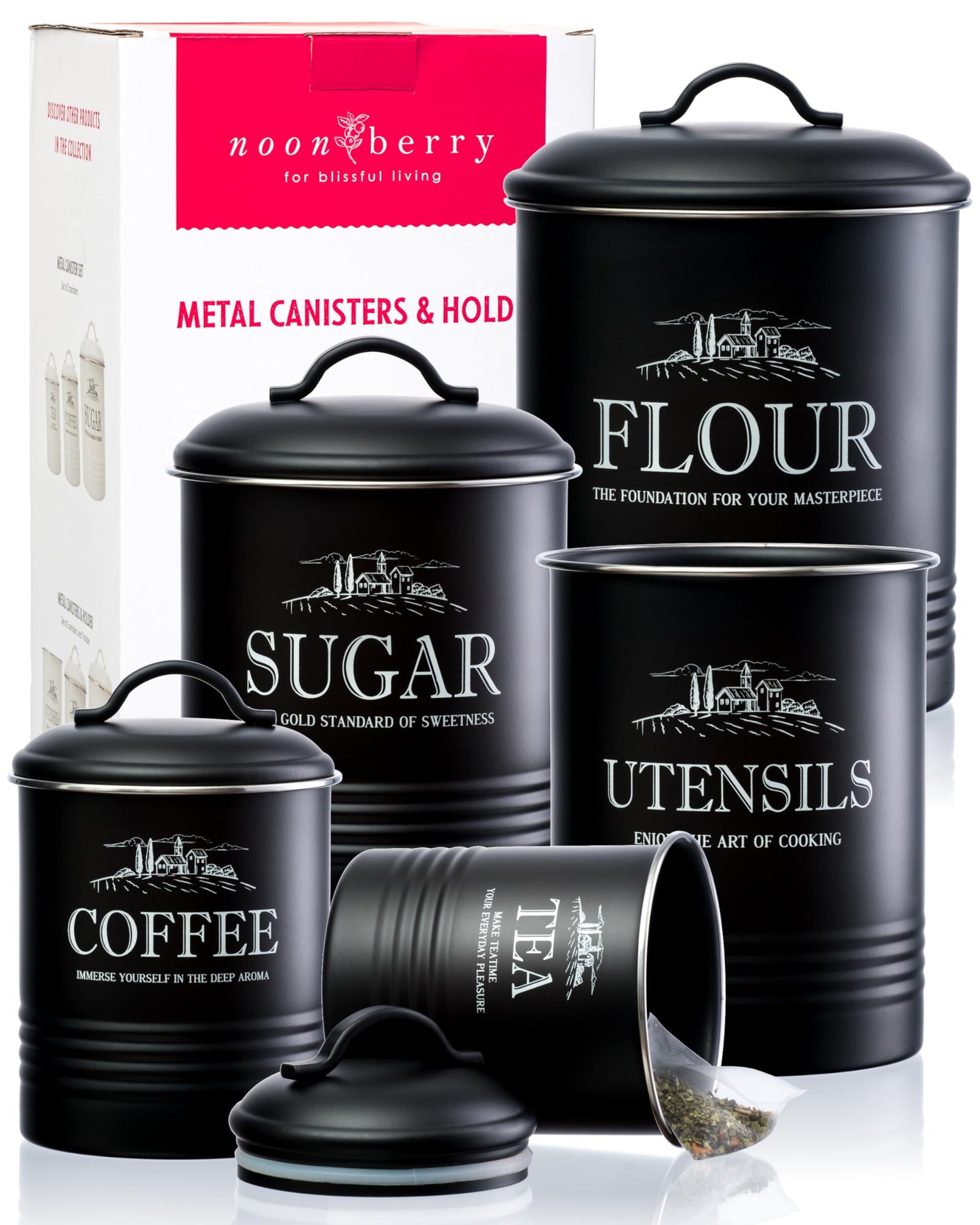 noonberry Kitchen Canisters for Countertop – 5-Piece Airtight Canister Sets for the Kitchen Counter with Utensil Holder – Flour Sugar Coffee Tea Containers – Matte Black Finish