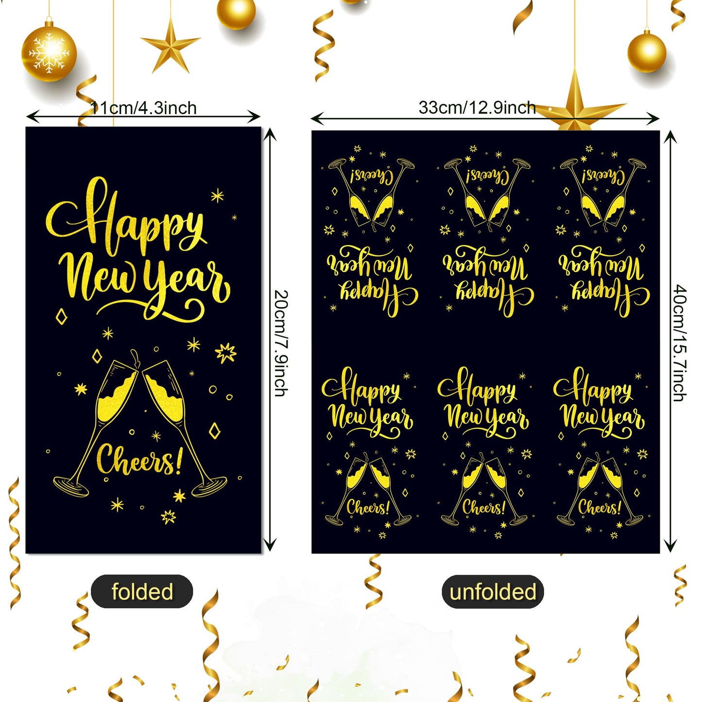 100 Pcs Happy New Year's Paper Napkins Disposable Party Napkins - Black and Gold Festive Design with "Happy New Year's" Wishes, 8x4.5 Inches for Xmas Winter Holiday Celebrations, New Years Eve Parties