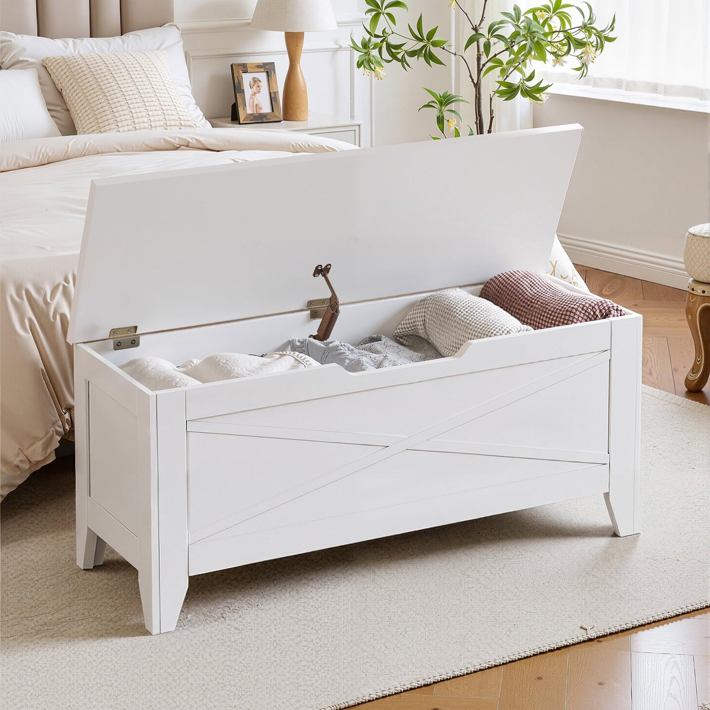 VECELO 43.3" Storage Bench with Handwoven Wicker Cushion, Lift Top Shoe Bench with Safety Hinges, Ideal for Entryway, Bedroom, Living Room, White