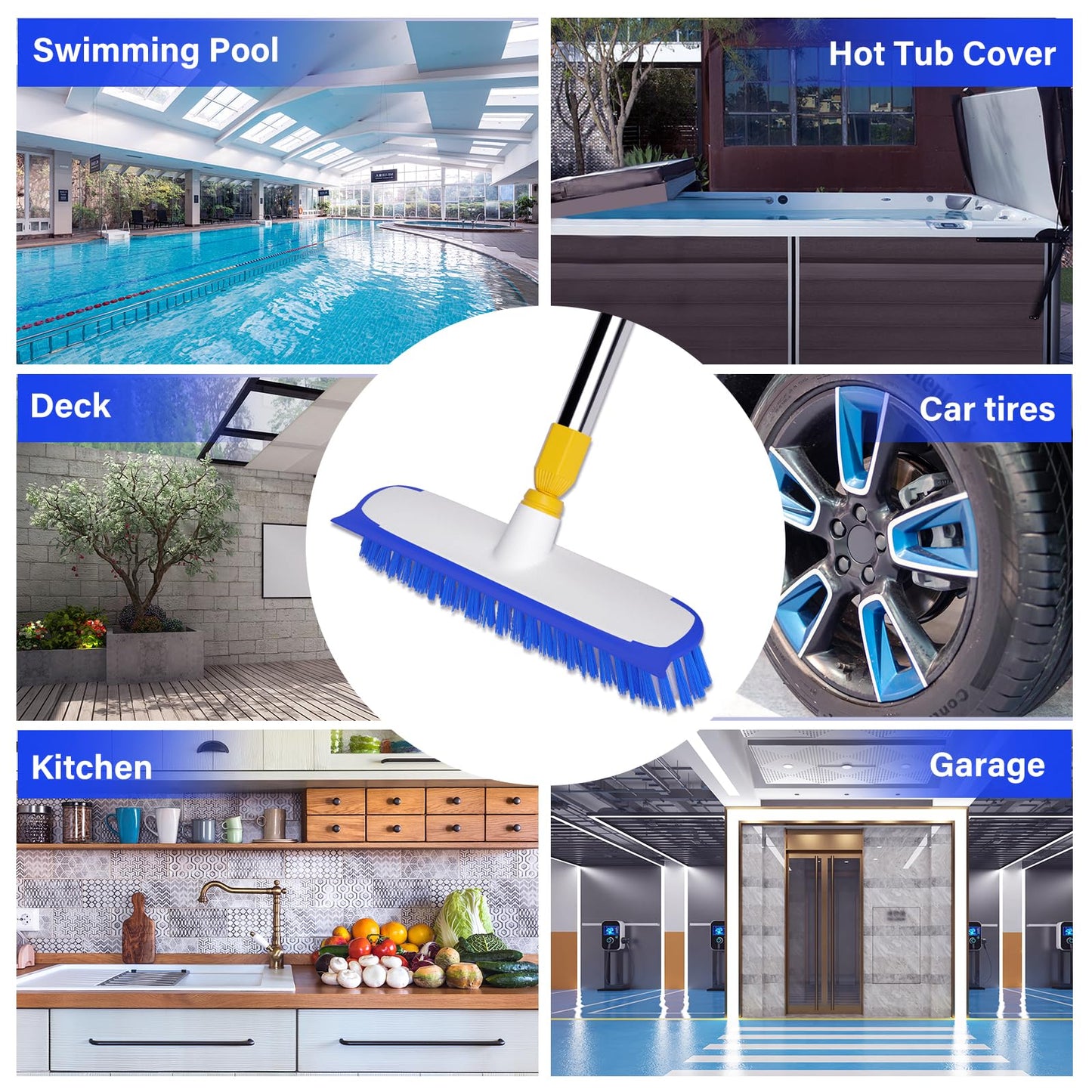 ITTAR 55" Extendable Floor Scrub Brush, 12" Wide Heavy-Duty 2-in-1 Scrub & Squeegee Deck Brush for Tile Grout Shower Floor, Kitchen, Restaurant, Patio & Garage Cleaning