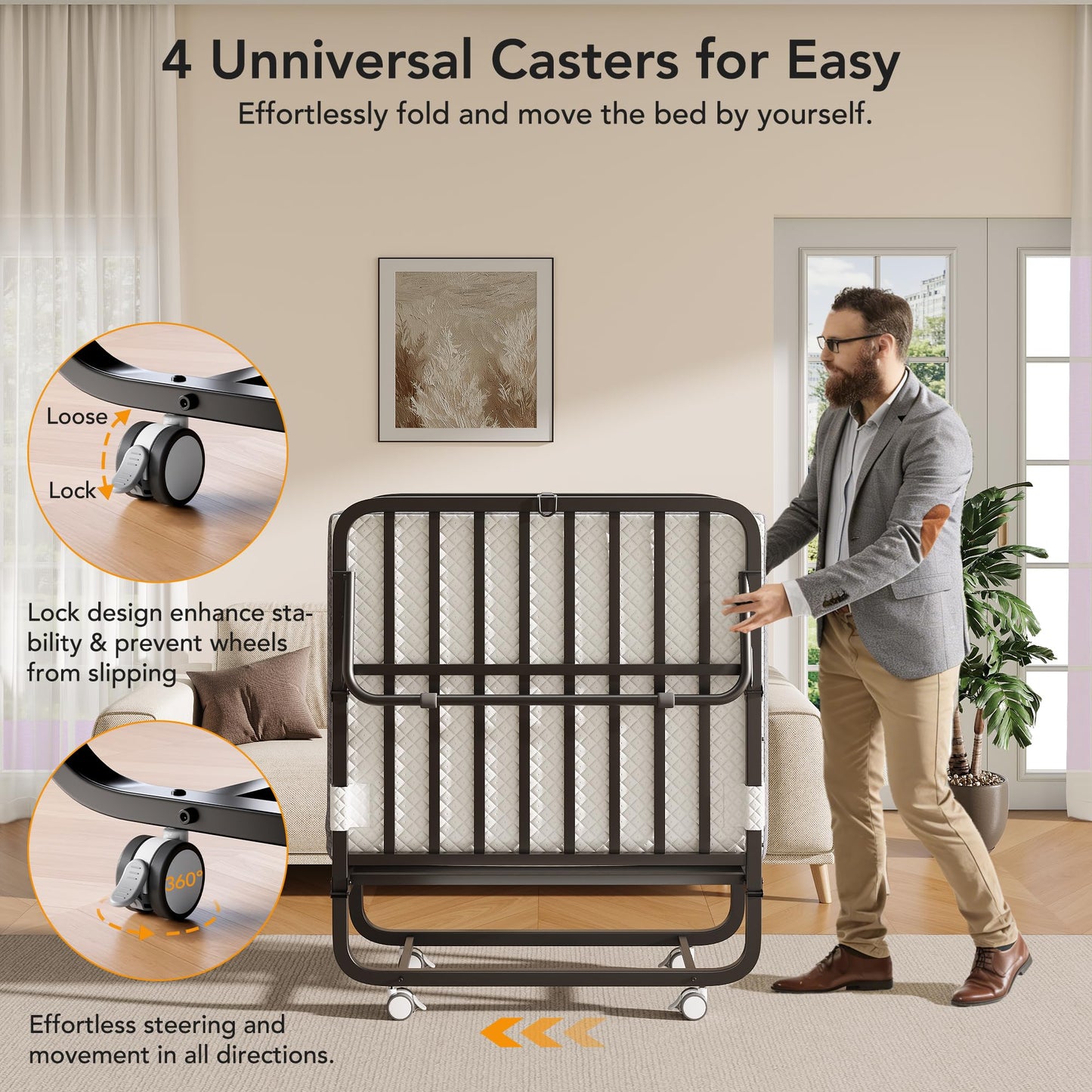 Folding Bed with Memory Foam Mattress, 75" x 31" Cot Size Portable Foldable Bed with Movable Wheels, Space-Saving Sturdy Metal Frame, Twin Rollaway Bed for Adults for Guest Room, Apartment, Camping