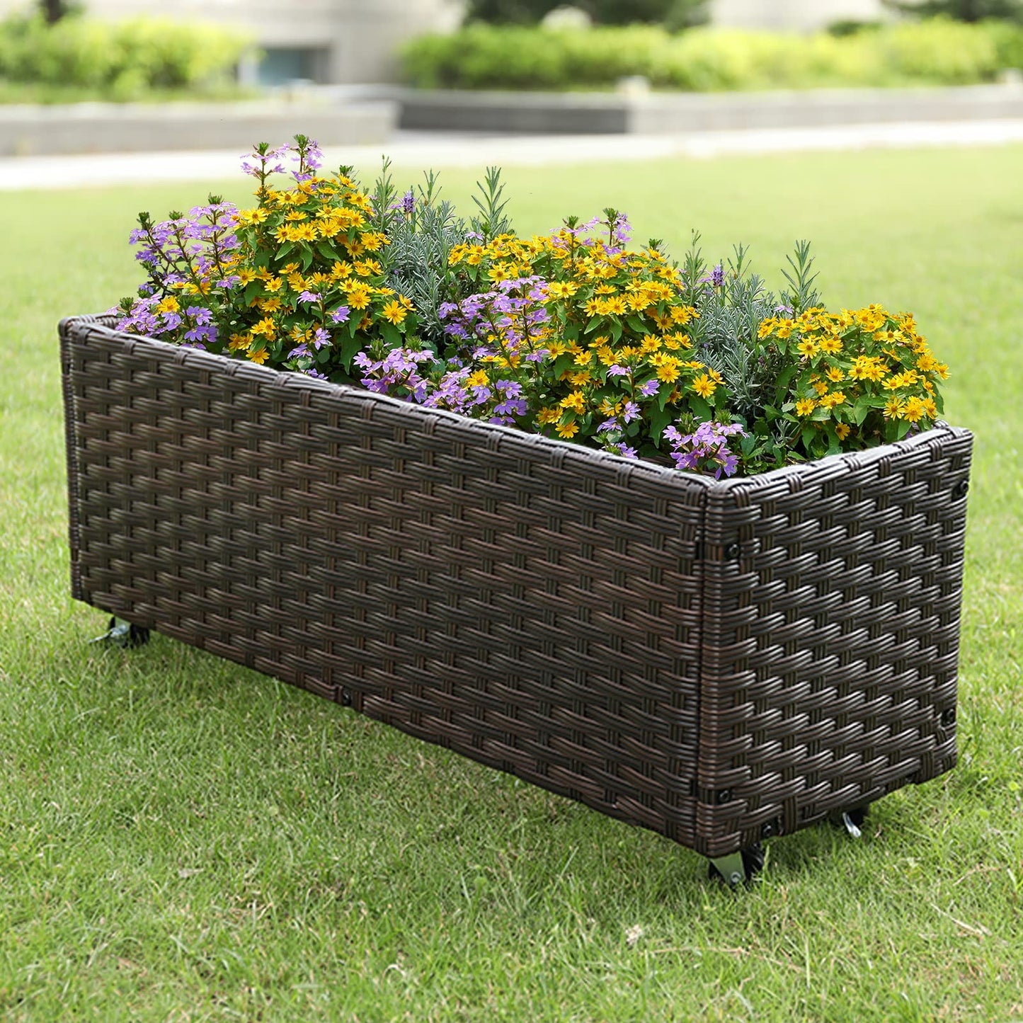 Raised Garden Bed - Garden Planters Box with Wheels, Rattan Patio Raised Beds for Gardening, Indoor Outdoor Planters 3.1FT Save Space…