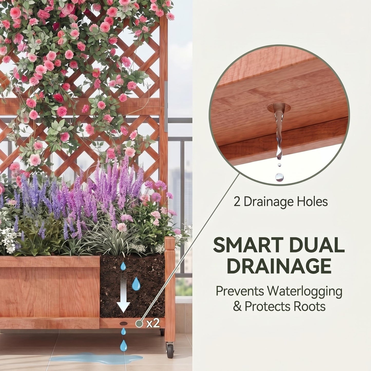 ActiveTrail 2 PCS Raised Garden Bed with Trellis, 61.5" Wooden Planter Box Outdoor with Drainage Holes and Locking Wheels, Privacy Planters for Patio, Climbing Plants, Vegetables, Balcony & Yard