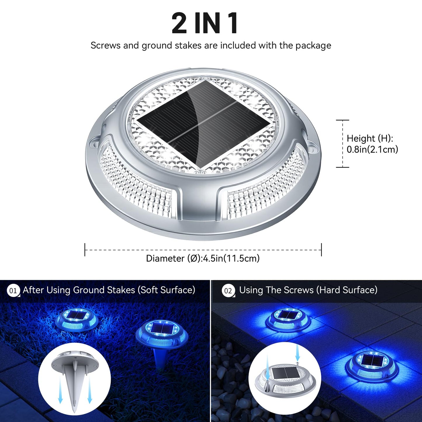 Solar Driveway Lights, 12 Pack Heavy Duty Driveway Lights Solar Powered 2 Color Mode (Cool White/Blue) IP68 Waterproof Outdoor Solar Deck Lights with Ground Stake for Pathway Garden Yard Walkway Dock