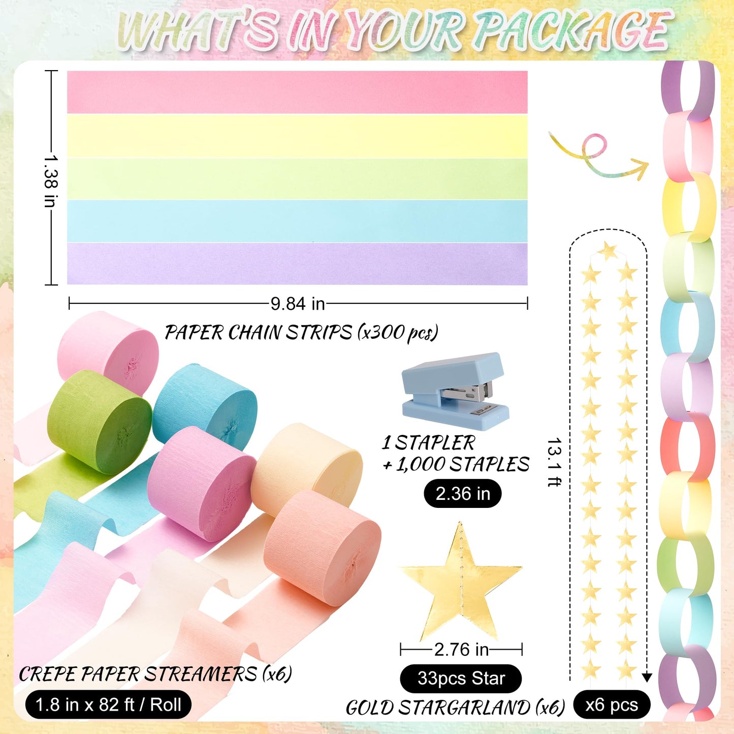 Gleebixi Pastel Birthday Party Decorations Kit with 492ft Crepe Paper Streamers, 300 Sheets Paper Chain Strips and 78.6ft Gold Star Garland for Hanging Decor