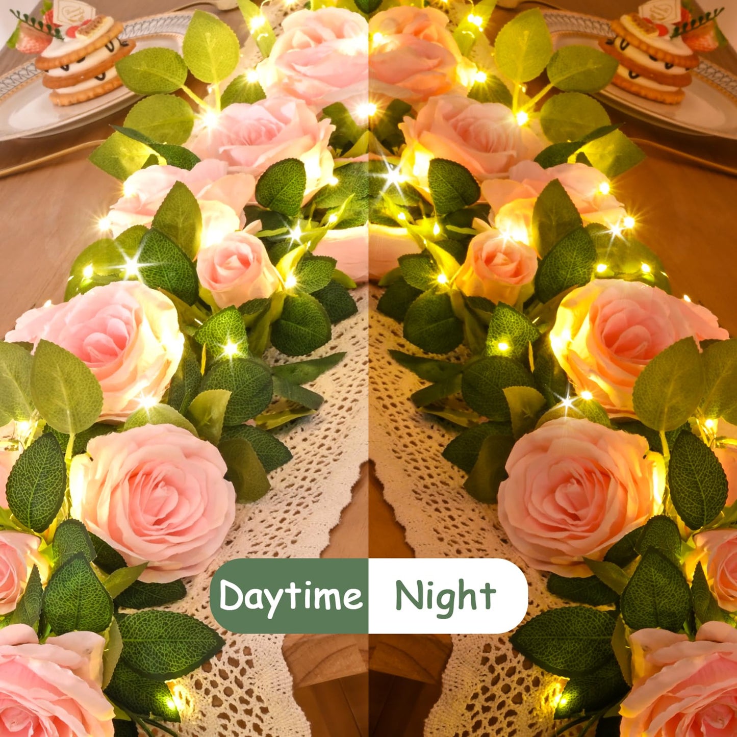 2 Pcs Flower Garland with 19.6 Ft Lights, 13.2 Ft Pink Floral Garland Fake Flowers for Wedding Arch Party Wall Garden Room Decor