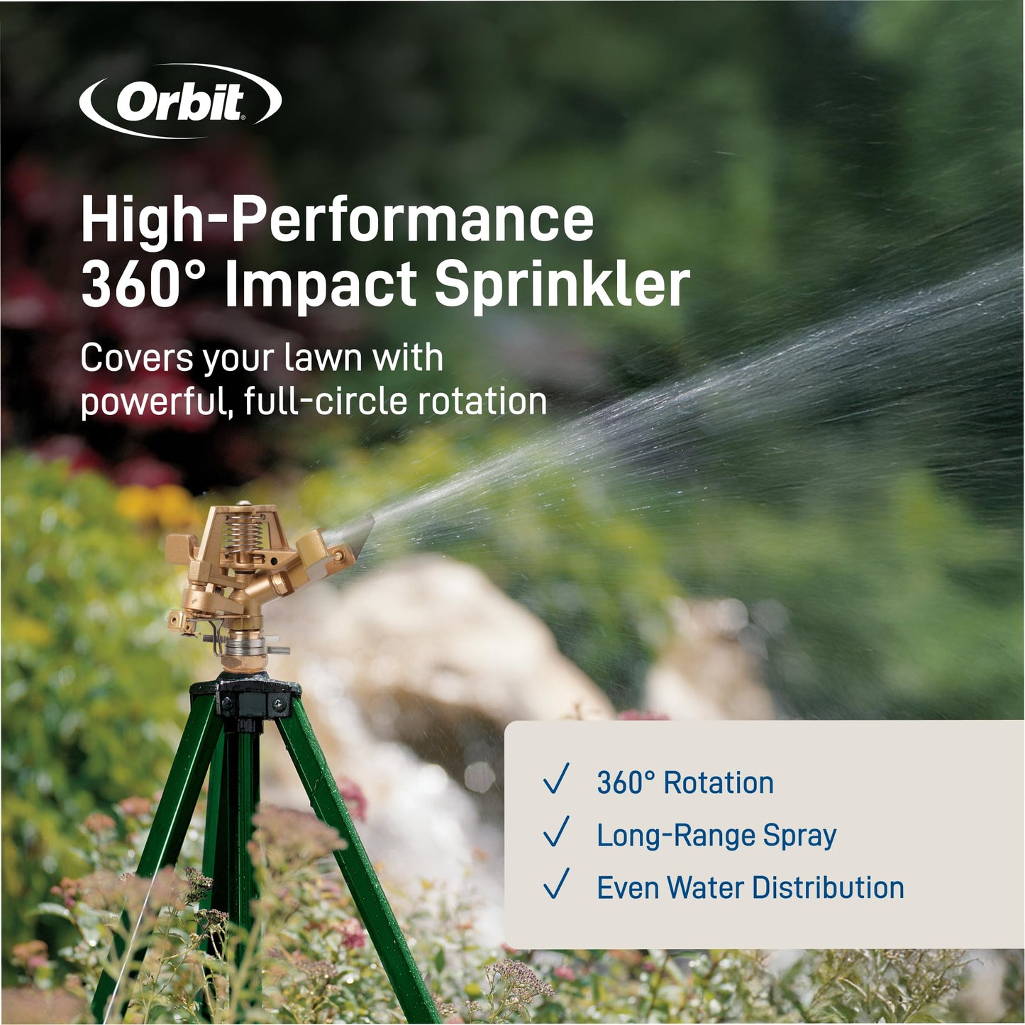 Orbit 56667Z Tripod Lawn Zinc Impact Sprinkler - 360 Degree Rotating Sprinkler