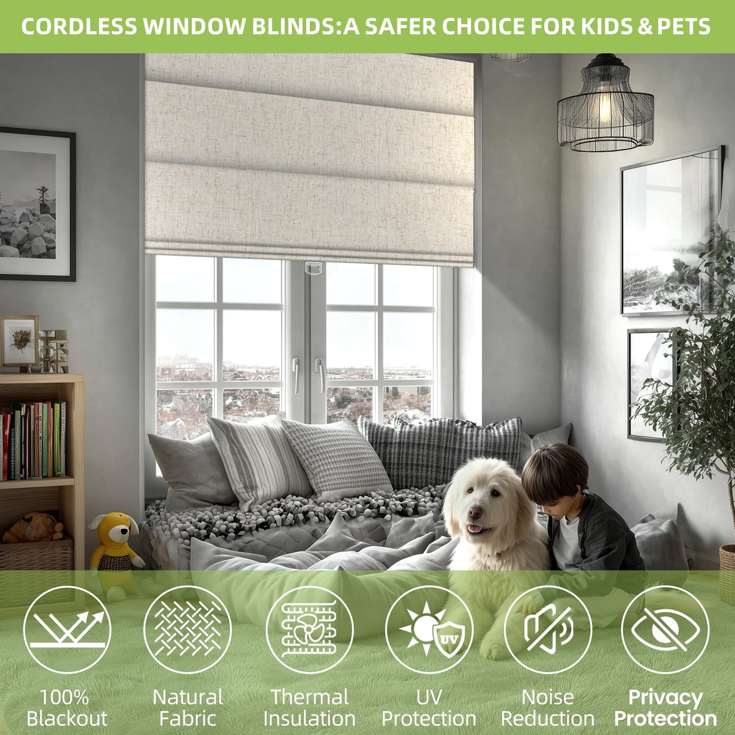 BERISSA No Drill Roman Shades for Windows Blackout, Cordless Linen Fabric Roman Blinds for Windows,Pull Down Room Darkening Window Shades for Home Office,Linen Beige,Custom Size