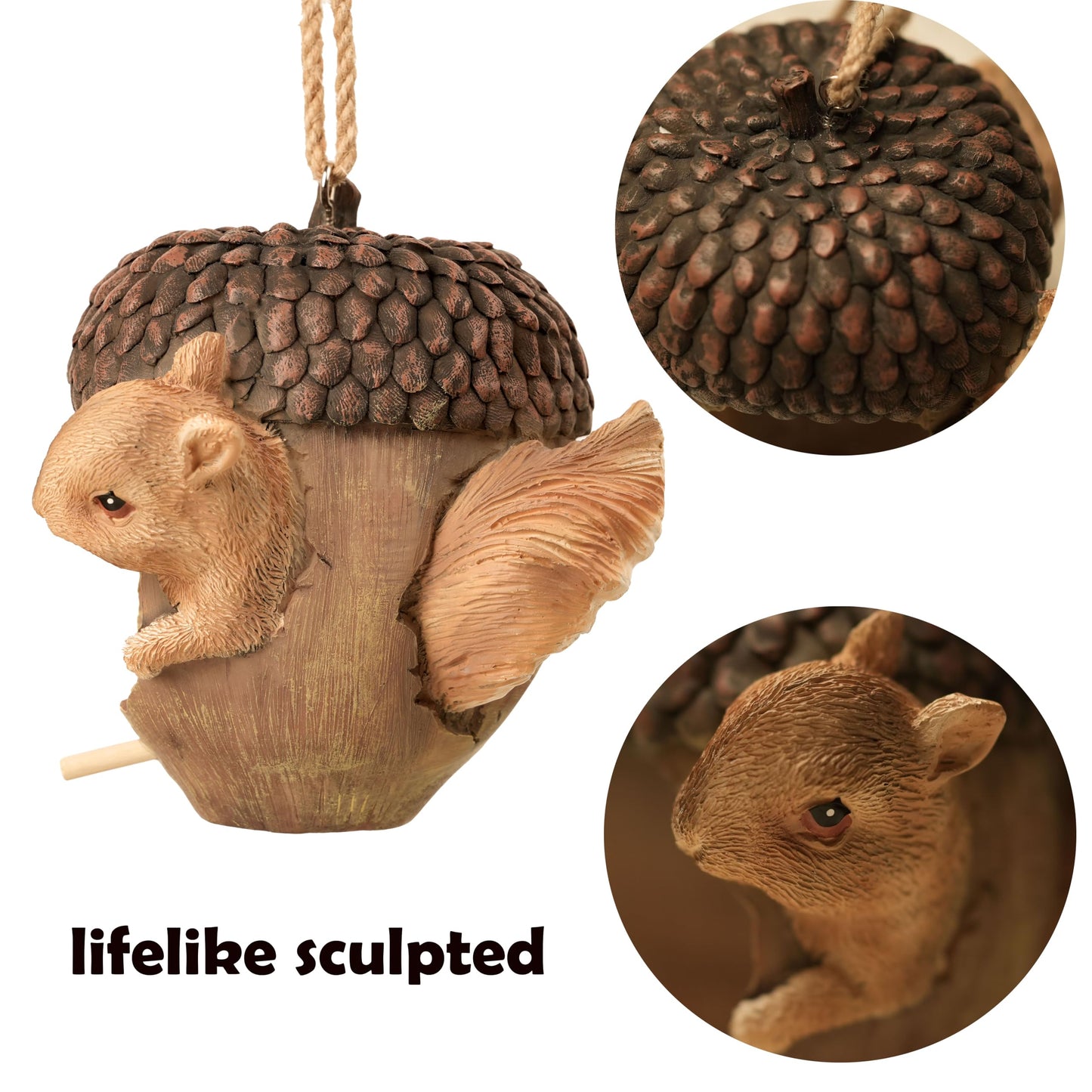 Hvfun Hanging Bird Houses for Outside, Acorn-Shaped Resin Birdhouse with Squirrel Design for Outdoors Decorative Birdhouses,