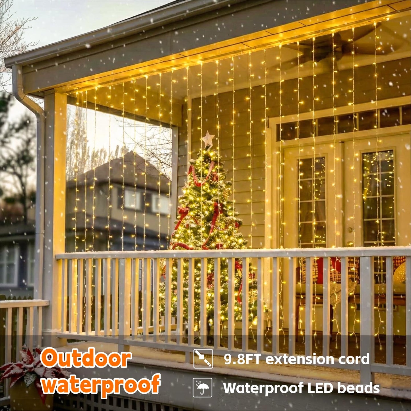 SINAMER Curtain Light for Bedroom, 200LED 6.6x6.6ft Warm White Window Wall Hanging Fairy Curtain String Light, 8 Modes Remote Fairy String Lights Indoor for Wedding Party Home Garden Decorations