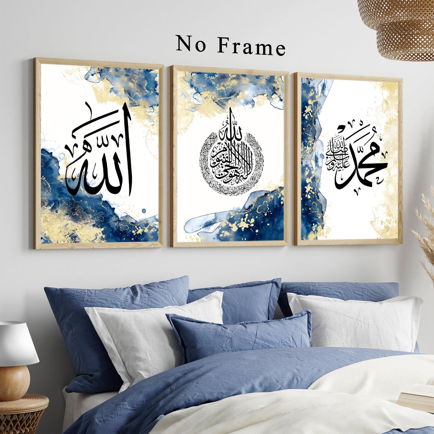 Blue Islamic Canvas Wall Art Muslim Motivational Quotes Gold Abstract Painting Modern Art Poster White Abstract 16x24inx3 No Frame