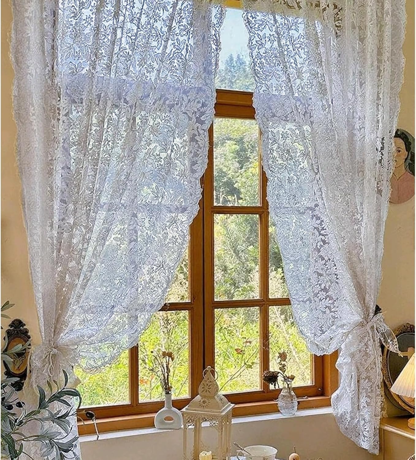 JESSANS 2pcs French Curtains Lace Gauze for Living Room Cream Retro Wavy Edge Bedroom Bay Window Girl Embroidery Curtain Door White Tulle Rod Pocket (W51XH51IN)