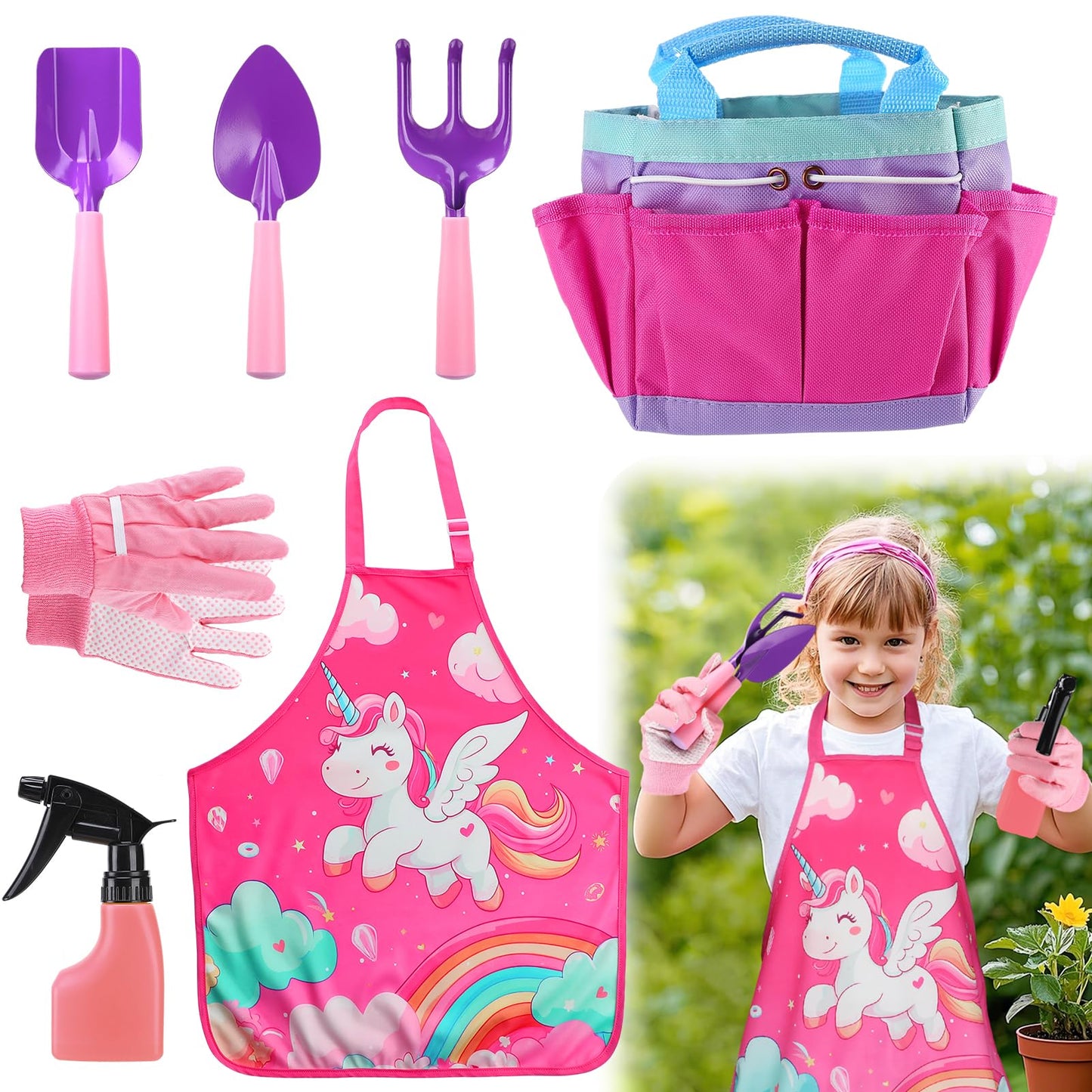 Kids Gardening Tool Set - Garden Tools for Kids with Shovel Trowel Rake Apron Gloves Watering Can and Tote Bag, Outdoor Toys Great Gifts for 3 4 5 6 7 8+ Years Old Girls (Unicorn Style)