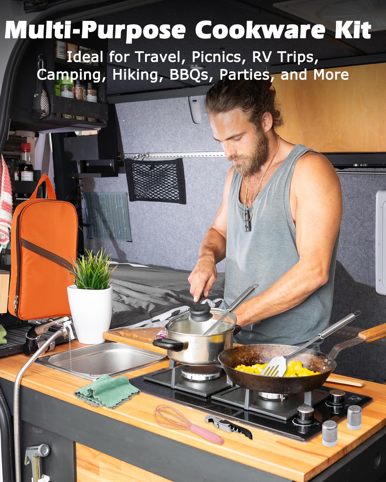 Hozzen 45-Pcs Camping Cooking Utensil Set - Car Camping Essentials Gear for Cooking and Grilling, Portable Camp Kitchen Set, Ideal Gift for RV Tent Camper, Picnics, BBQs, Parties
