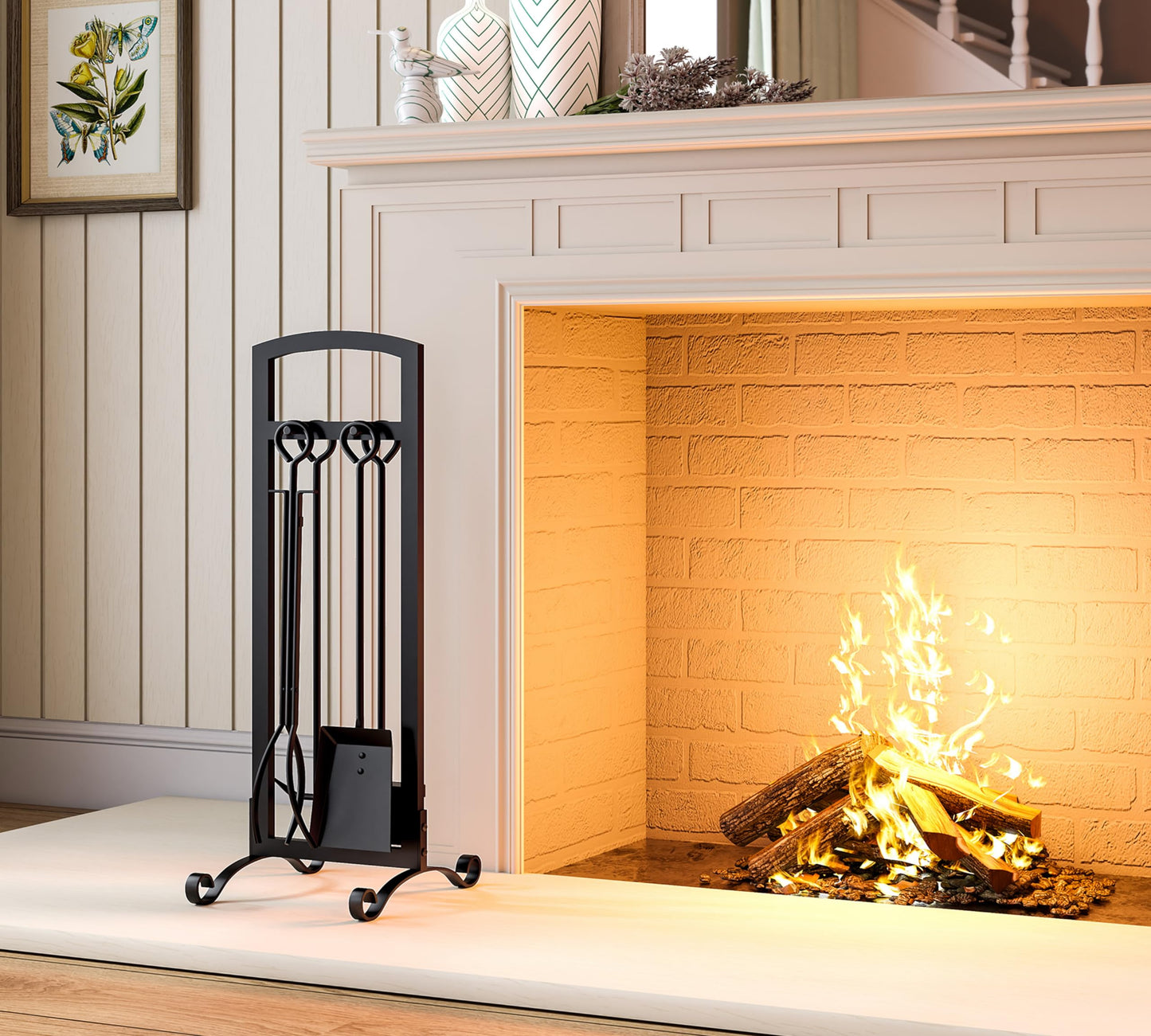 CALIDOLA 5 Pieces Fireplace Tool Set Stylish Simple Hearth Accessories with Poker, Tongs, Shovel, Brush,Black
