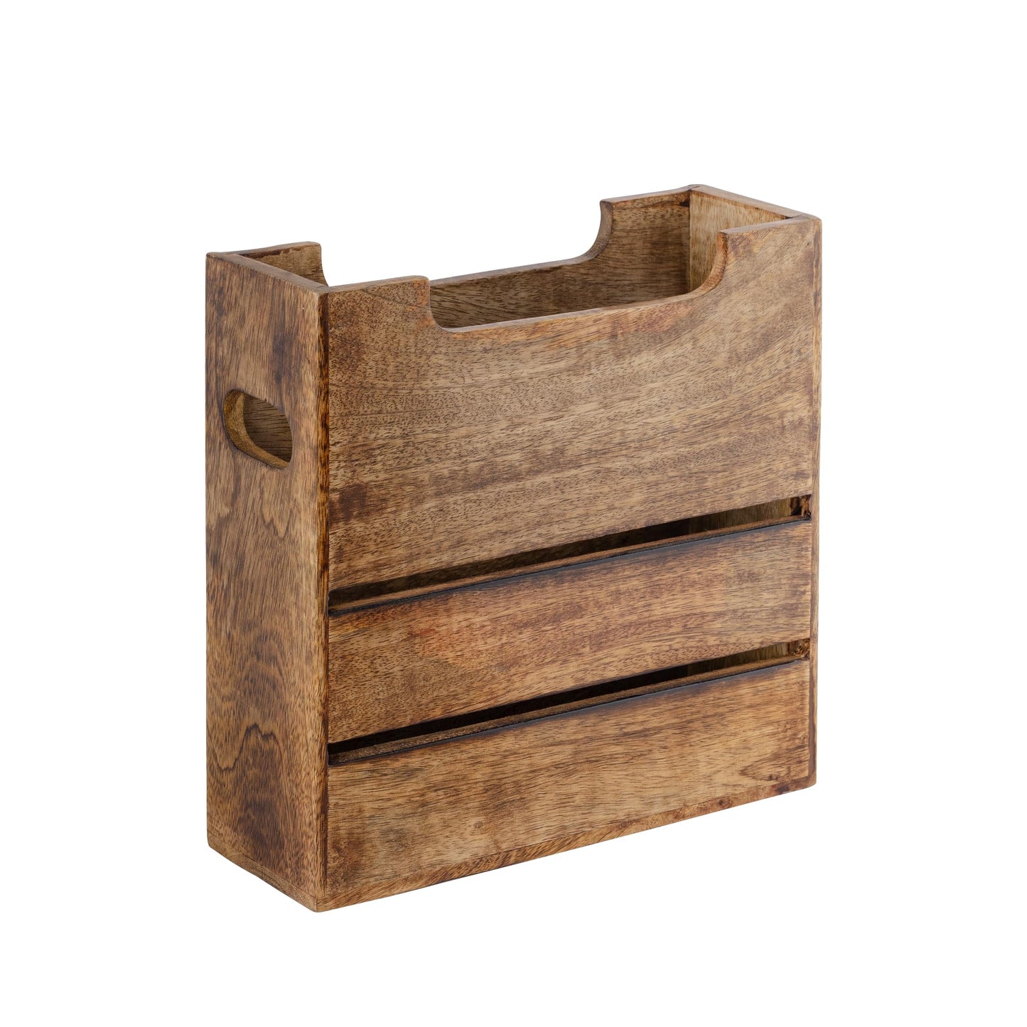 Mie Creations Wooden Magazine Holder Rack with Handle, Decorative Magazine Storage Basket for File, Folder, Books, Newspaper | Rustic Brown Magazine Bin Display Stand, Office Desk Organizer 10-inch