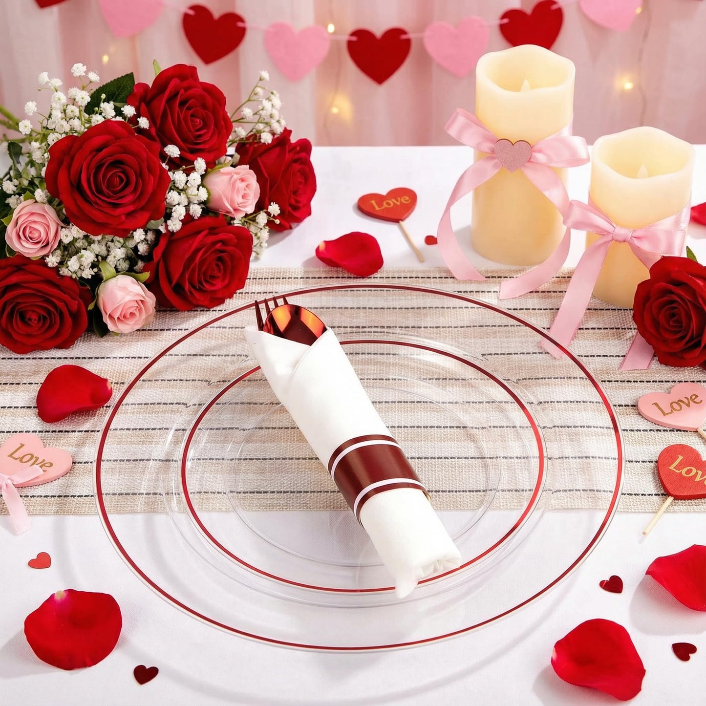 SUT 350 Pcs Red and Clear Plastic Dinnerware Set for 50 Guests, Include: 50 Dinner Plates, 50 Dessert Plates, 50 Pre Rolled Napkins With Silverware, 50 Cups, Disposable Plates for Party