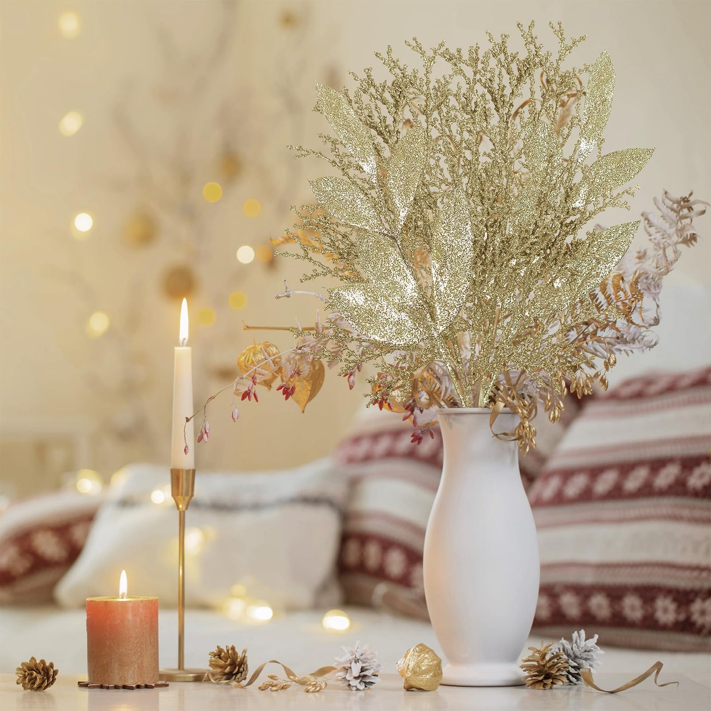 Winlyn 30 Pcs Christmas Artificial Bay Leaf Picks Cedar Sprays Champagne Glittered Christmas Tree Ornament Picks Winter Floral Stems for Champagne Christmas Tree Wreath Holiday Decor Wedding Bouquet