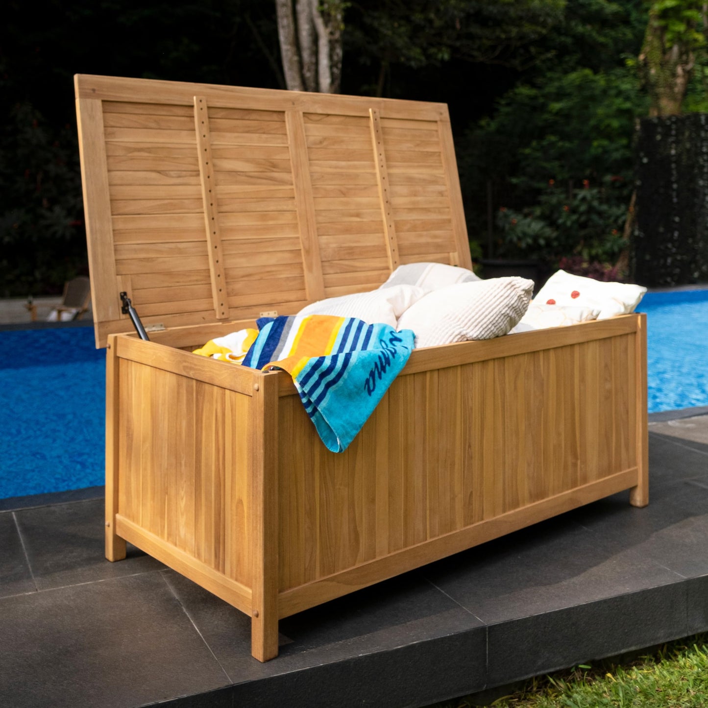 Cambridge Casual Arie 60-Inch Teak Outdoor Deck Box Storage Chest, Weather-Resistant Patio Organizer with Soft-Close Lid for Pool, Garden & Backyard